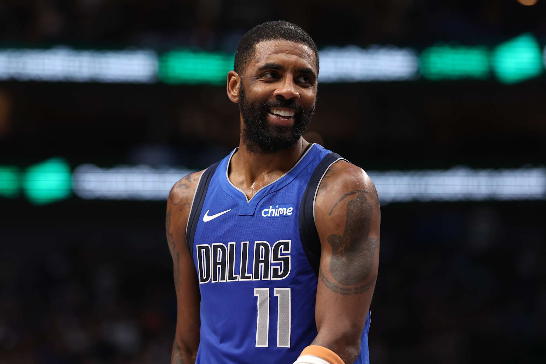 DALLAS, TEXAS - JANUARY 17: Kyrie Irving #11 of the Dallas Mavericks looks on during the second quarter against the Oklahoma City Thunder at American Airlines Center on January 17, 2025 in Dallas, Texas. NOTE TO USER: User expressly acknowledges and agrees that, by downloading and/or using this photograph, user is consenting to the terms and conditions of the Getty Images License Agreement. (Photo by Sam Hodde/Getty Images)