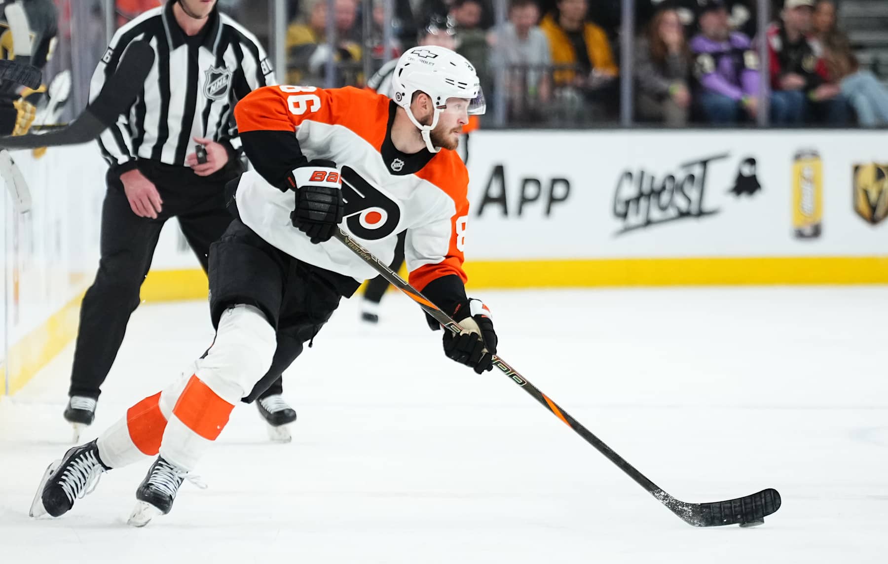 LAS VEGAS, NEVADA - JANUARY 02: Joel Farabee #86 of the Philadelphia Flyers skates during the second period against the Vegas Golden Knights at T-Mobile Arena on January 02, 2025 in Las Vegas, Nevada. (Photo by Jeff Bottari/NHLI via Getty Images)