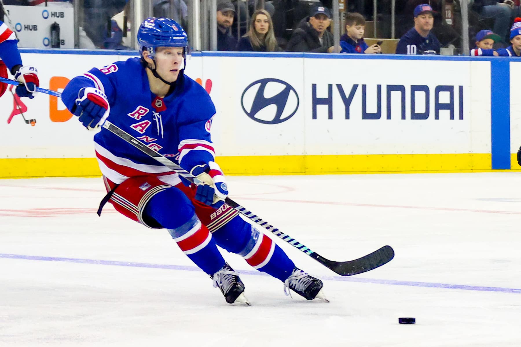 NEW YORK, NY - DECEMBER 08: New York Rangers Defenseman Zac Jones (6) in action during the third period of the National Hockey League game between the Seattle Kraken and the New York Rangers on December 8, 2024 at Madison Square Garden in New York, NY. (Photo by Joshua Sarner/Icon Sportswire via Getty Images)