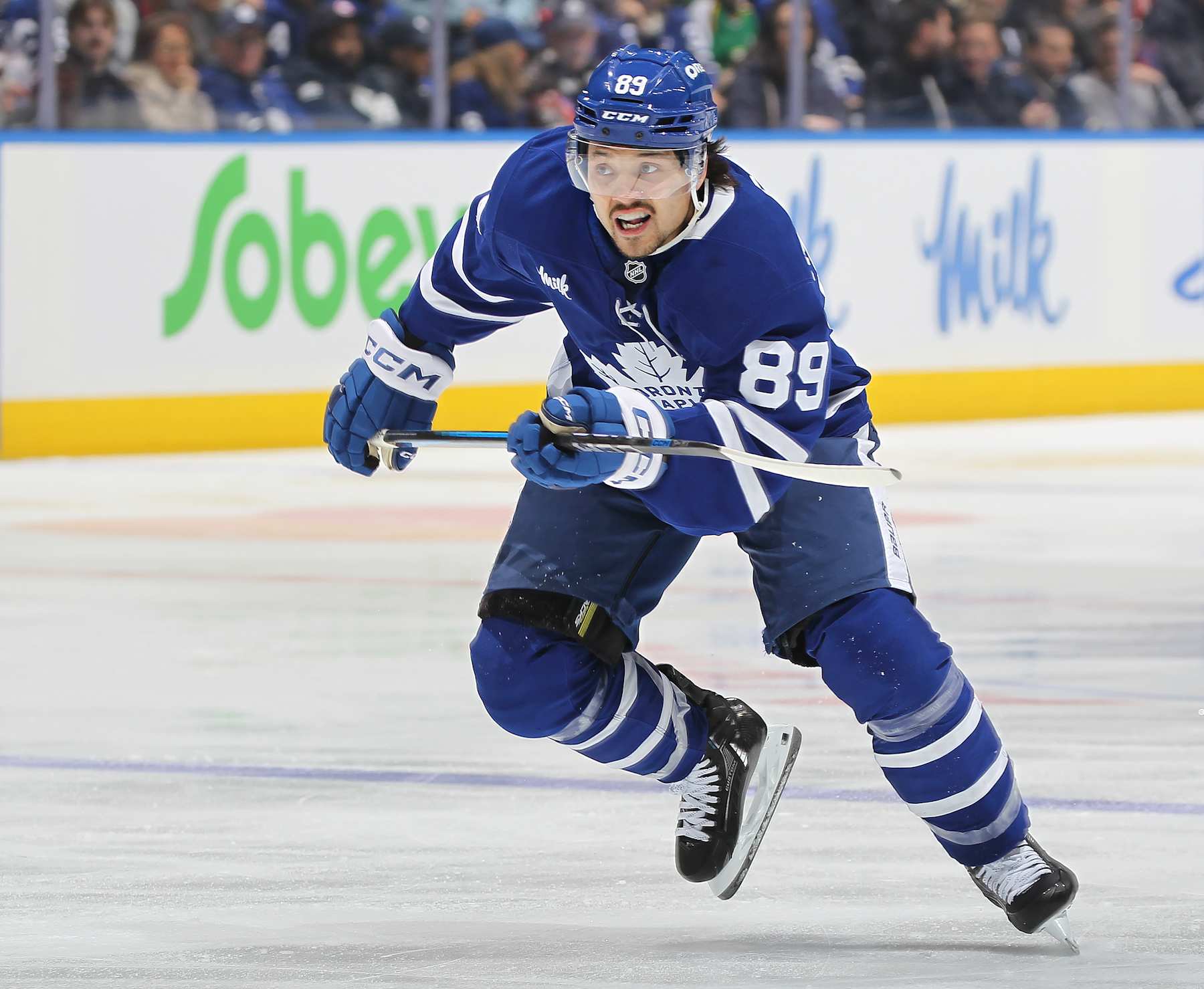 TORONTO, CANADA - JANUARY 14: Nicholas Robertson #89 of the Toronto Maple Leafs skates against the Dallas Stars during the second period in an NHL game at Scotiabank Arena on January 14, 2025 in Toronto, Ontario, Canada. (Photo by Claus Andersen/Getty Images)