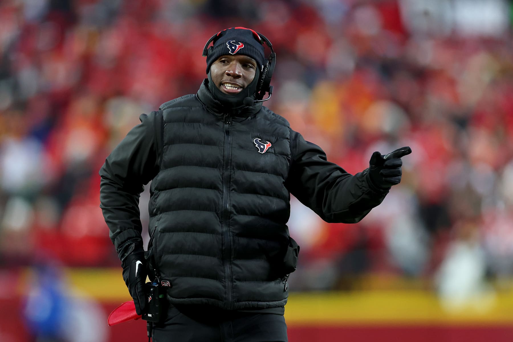 KANSAS CITY, MISSOURI - JANUARY 18: Head coach DeMeco Ryans of the Houston Texans looks on against the Kansas City Chiefs during the third quarter in the AFC Divisional Playoff at GEHA Field at Arrowhead Stadium on January 18, 2025 in Kansas City, Missouri. (Photo by Jamie Squire/Getty Images)