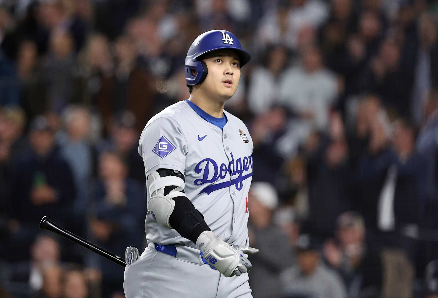 NEW YORK, NEW YORK - OCTOBER 29:  Shohei Ohtani #17 of the Los Angeles Dodgers strikes out during the seventh inning of Game Four of the 2024 World Series against the New York Yankees at Yankee Stadium on October 29, 2024 in the Bronx borough of New York City. (Photo by Elsa/Getty Images)
