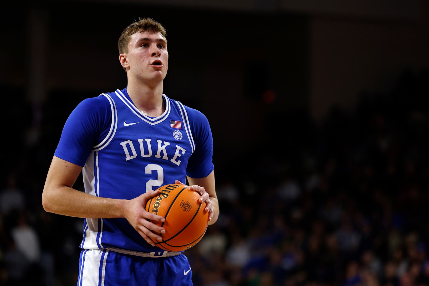 CHESTNUT HILL, MASSACHUSETTS - JANUARY 18: Cooper Flagg #2 of the Duke Blue Devils prepares to shoot a free throw against the Boston College Eagles during the first half of the game at Conte Forum on January 18, 2025 in Chestnut Hill, Massachusetts. (Photo by Lance King/Getty Images)