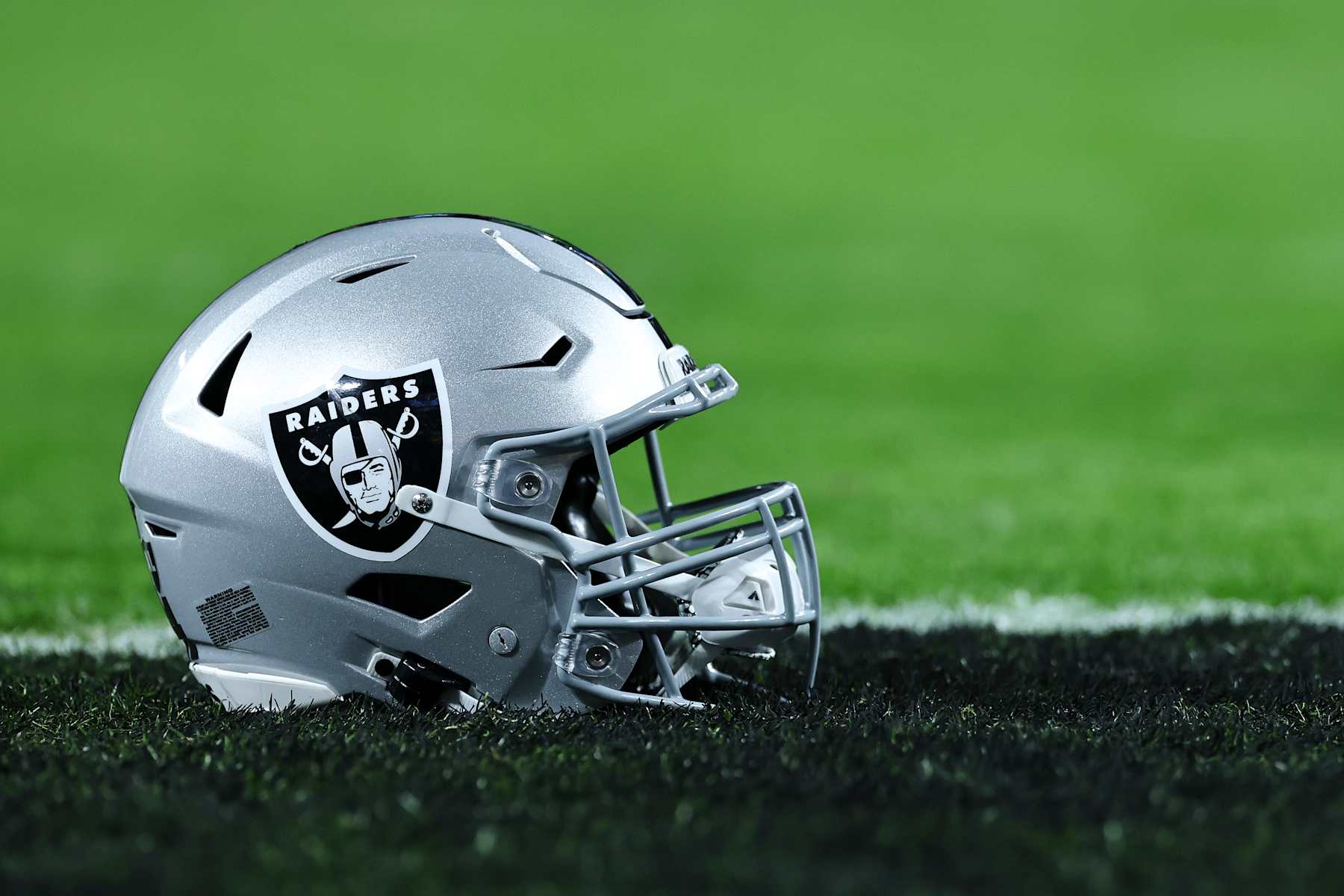 LAS VEGAS, NEVADA - DECEMBER 16: A detail of the Las Vegas Raiders logo on a helmet prior to the game against the Atlanta Falcons at Allegiant Stadium on December 16, 2024 in Las Vegas, Nevada. (Photo by Aaron M. Sprecher/Getty Images)