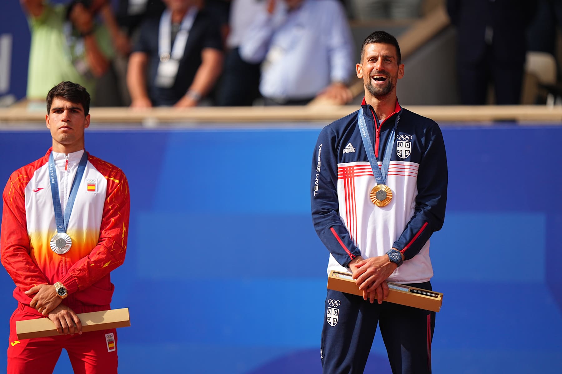 Tennis: 2024 Summer Olympics: Team Serbia Novak Djokovic victorious with the Gold medal following the Men's Singles match against Team Spain Carlos Alcaraz at Roland Garros. 
Paris, France 8/4/2024 
CREDIT: Erick W. Rasco (Photo by Erick W. Rasco/Sports Illustrated via Getty Images) 
(Set Number: X164571 TK1)