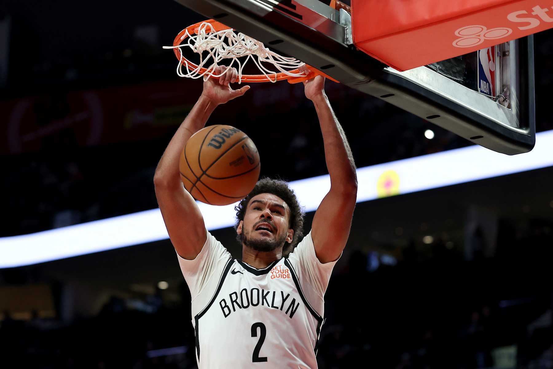 PORTLAND, OREGON - JANUARY 14: Cameron Johnson #2 of the Brooklyn Nets dunks during the second half against the Portland Trail Blazers at Moda Center on January 14, 2025 in Portland, Oregon. NOTE TO USER: User expressly acknowledges and agrees that, by downloading and or using this photograph, User is consenting to the terms and conditions of the Getty Images License Agreement. (Photo by Steph Chambers/Getty Images)