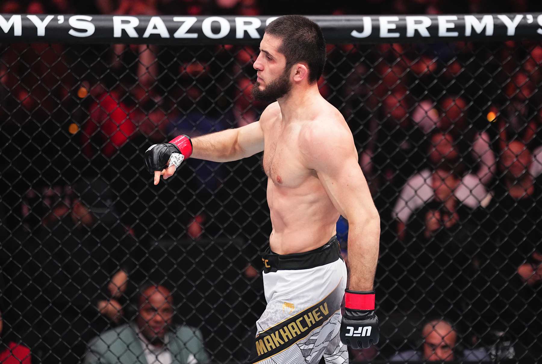 Islam Makhachev reacts after a submission victory against Renato Moicano