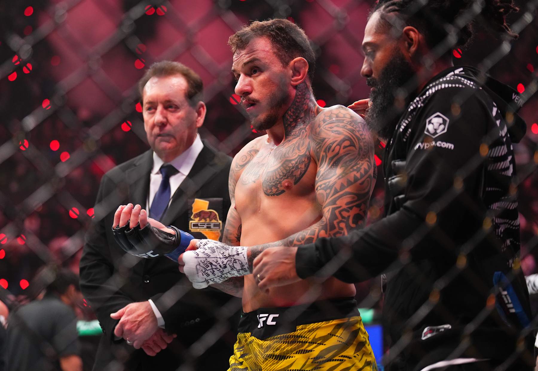 Renato Moicano reacts after a submission loss against Islam Makhachev
