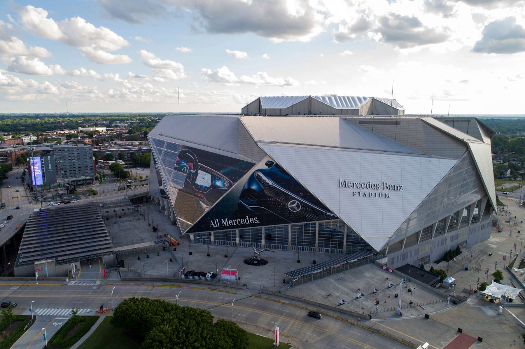 ATLANTA, GEORGIA - MAY 15: In an aerial view, Mercedes-Benz Stadium is seen on May 15, 2024 in Atlanta, Georgia. Atlanta is one of the host cities for the 2026 World Cup. (Photo by Alex Slitz - FIFA/FIFA via Getty Images)