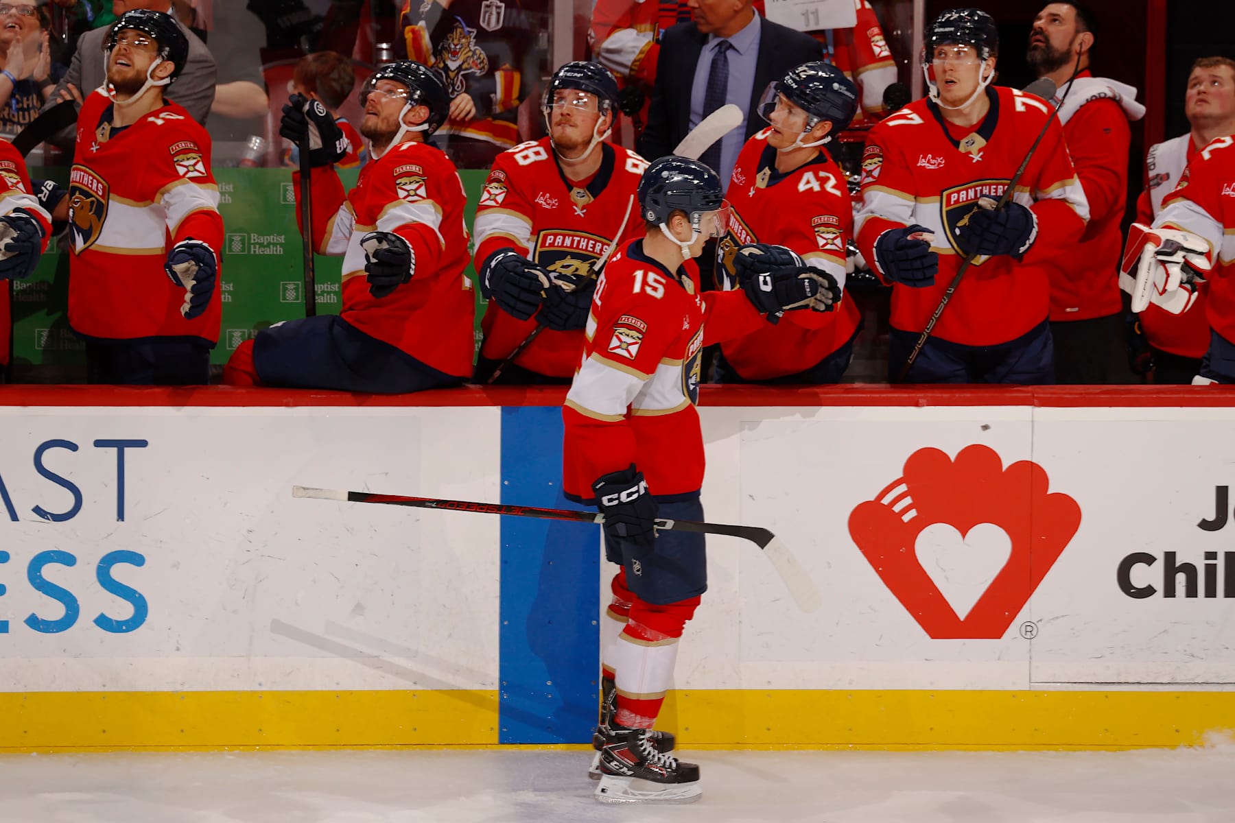 SUNRISE, FLORIDA -JANUARY 18: Anton Lundell #15 of the Florida Panthers celebrates his goal with teammates during the third period against the Anaheim Ducks at the Amerant Bank Arena on January 18, 2025 in Sunrise, Florida. (Photo by Eliot J. Schechter/NHLI via Getty Images)