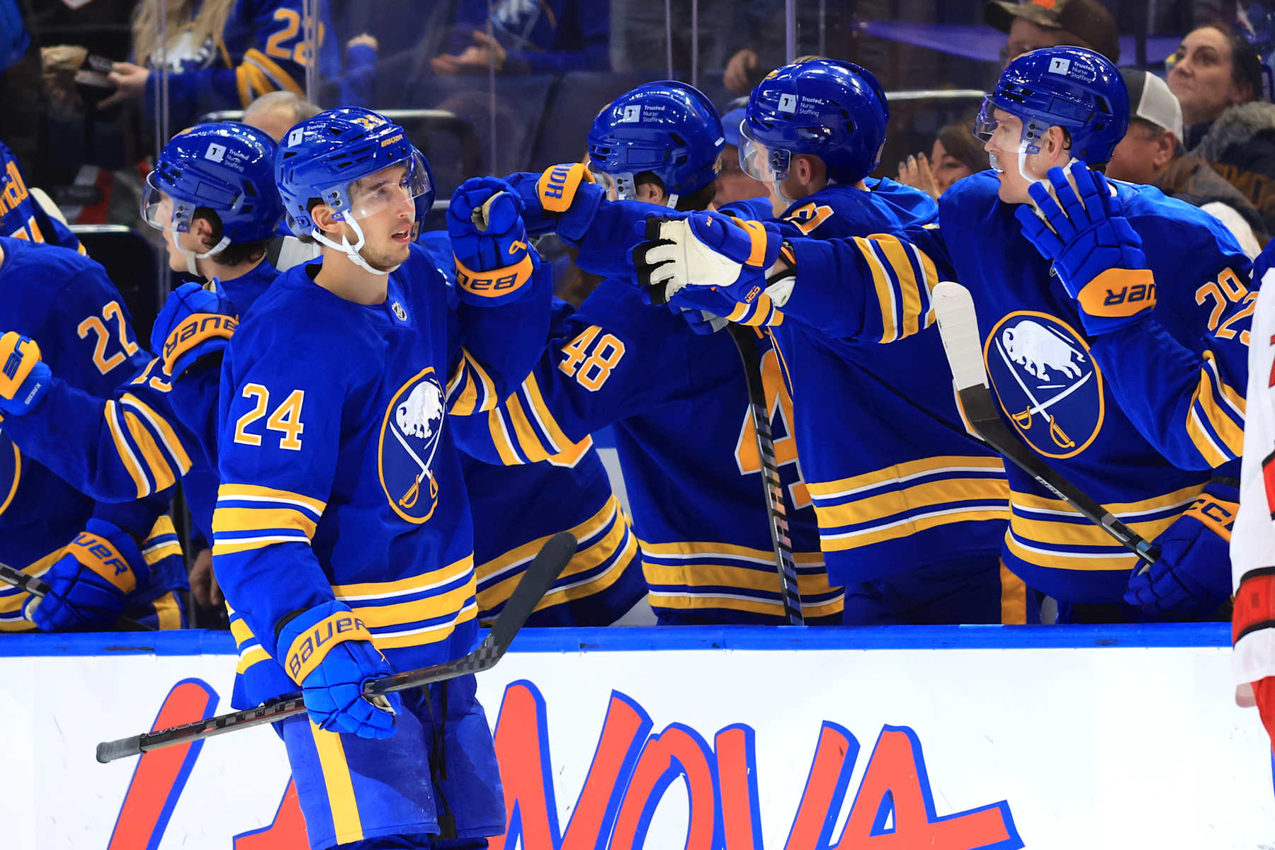 BUFFALO, NEW YORK - JANUARY 15: Dylan Cozens #24 of the Buffalo Sabres celebrates his second period goal against the Carolina Hurricanes during an NHL game on January 15, 2025 at KeyBank Center in Buffalo, New York. (Photo by Bill Wippert/NHLI via Getty Images)