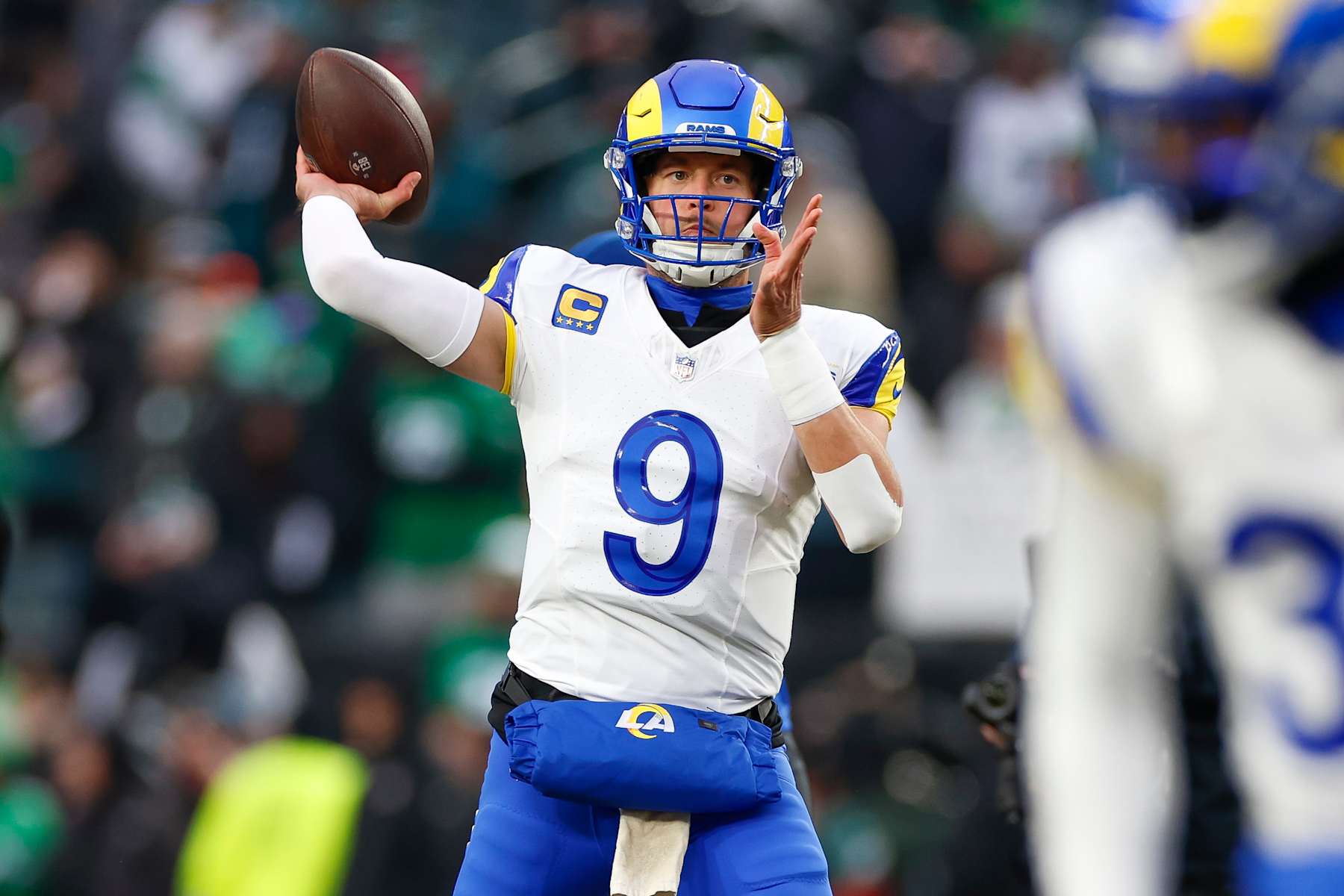 PHILADELPHIA, PENNSYLVANIA - JANUARY 19: Matthew Stafford #9 of the Los Angeles Rams warms up on the field prior to the NFC Divisional Playoff game against the Philadelphia Eagles at Lincoln Financial Field on January 19, 2025 in Philadelphia, Pennsylvania. (Photo by Brandon Sloter/Getty Images)