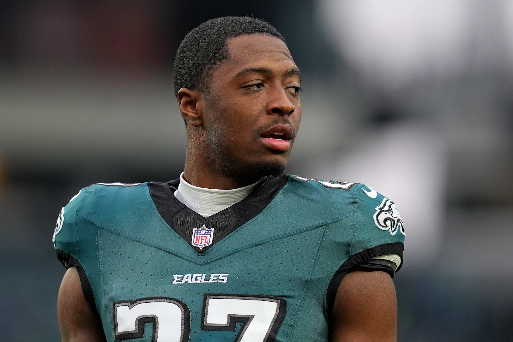 PHILADELPHIA, PENNSYLVANIA - JANUARY 19: Quinyon Mitchell #27 of the Philadelphia Eagles warms up before the game against the Los Angeles Rams during the NFC Divisional Playoff at Lincoln Financial Field on January 19, 2025 in Philadelphia, Pennsylvania. (Photo by Mitchell Leff/Getty Images)