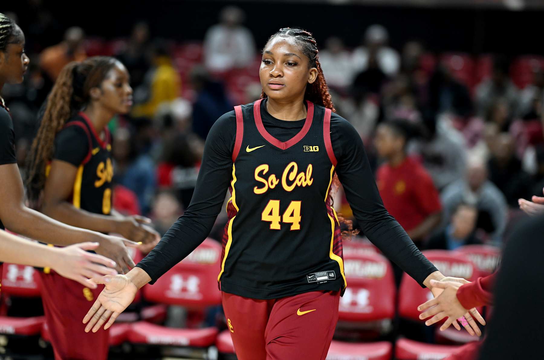 COLLEGE PARK, MARYLAND - JANUARY 08: Kiki Iriafen #44 of the USC Trojans is introduced before the game against the Maryland Terrapins at Xfinity Center on January 08, 2025 in College Park, Maryland. (Photo by G Fiume/Getty Images)