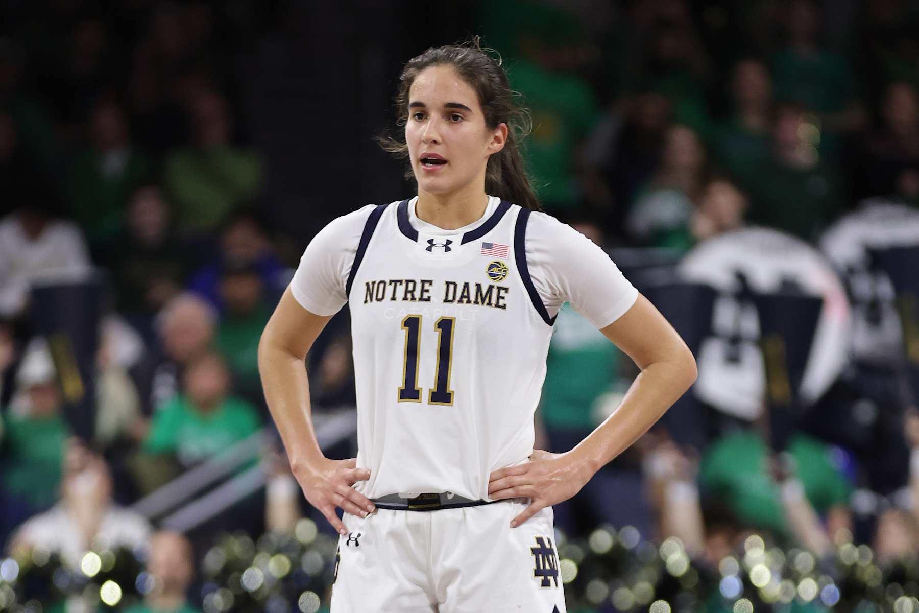 SOUTH BEND, INDIANA - DECEMBER 05: Sonia Citron #11 of the Notre Dame Fighting Irish looks on against the Texas Longhorns during the second half at Purcell Pavilion at the Joyce Center on December 05, 2024 in South Bend, Indiana. (Photo by Michael Reaves/Getty Images)
