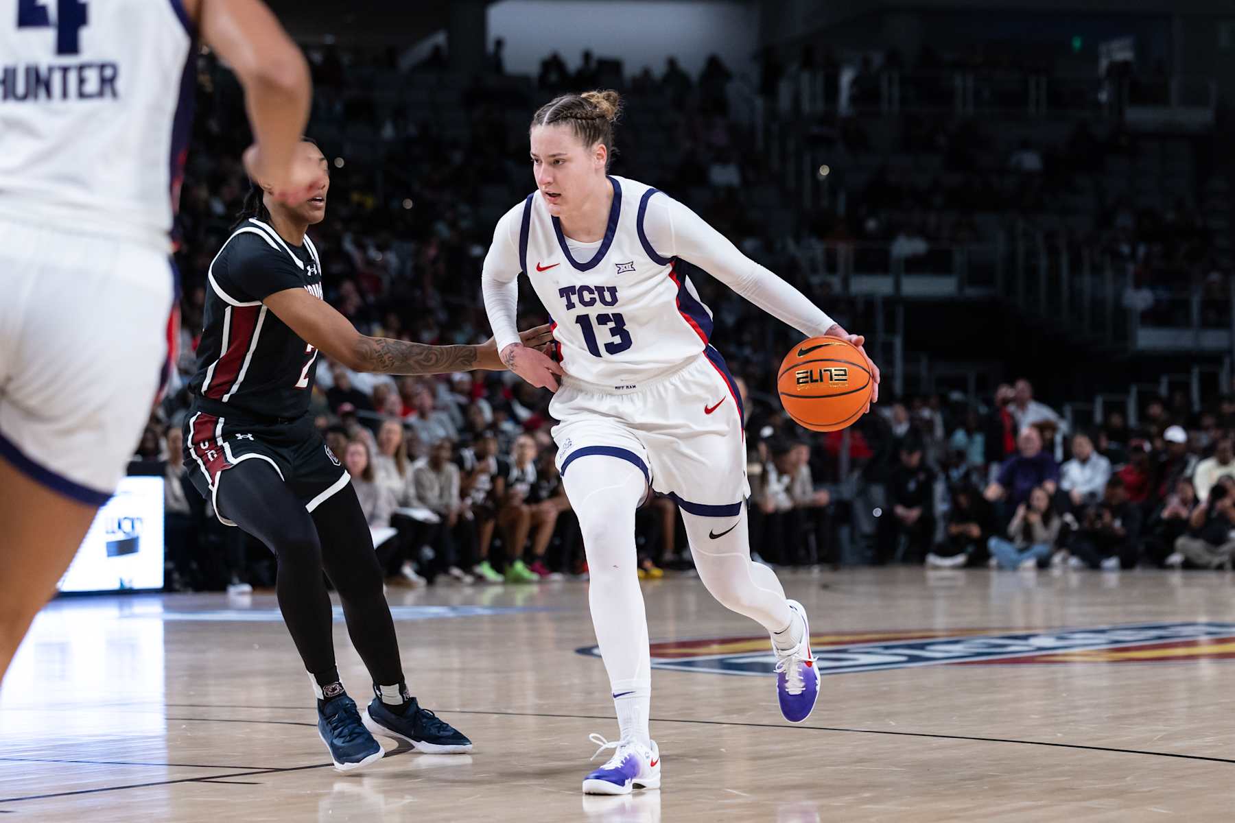 FORT WORTH, TX - DECEMBER 08: TCU forward Sedona Prince (#13) dribbles up court during the college basketball game between the TCU Horned Frogs and South Carolina Gamecocks on December 8, 2024 at Dickies Arena in Fort Worth, Texas.  (Photo by Matthew Visinsky/Icon Sportswire via Getty Images)
