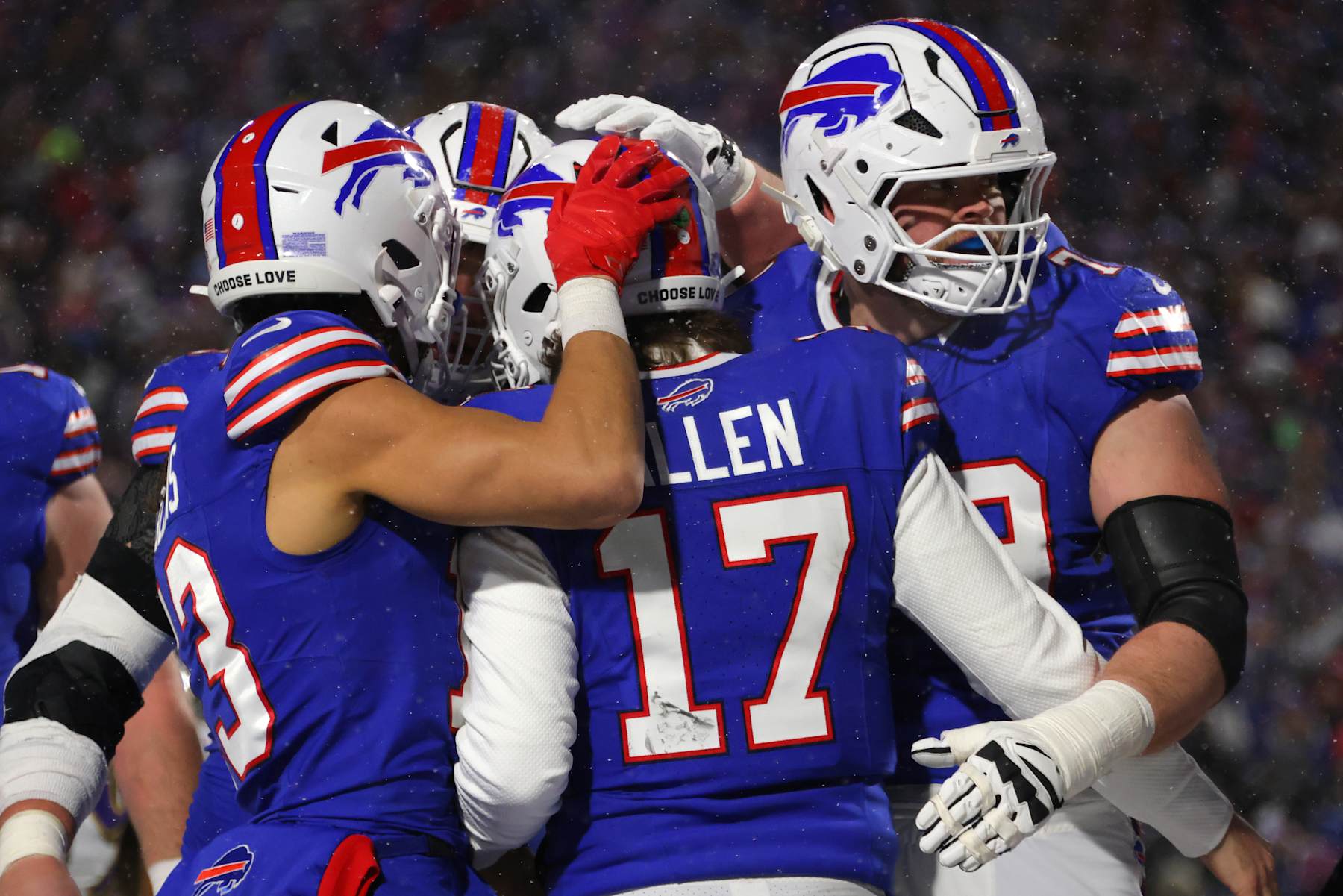 ORCHARD PARK, NEW YORK - JANUARY 19: Josh Allen #17 of the Buffalo Bills celebrates a touchdown with teammates against the Baltimore Ravens in the second quarter during the AFC Divisional Playoff at Highmark Stadium on January 19, 2025 in Orchard Park, New York.  (Photo by Timothy T Ludwig/Getty Images)