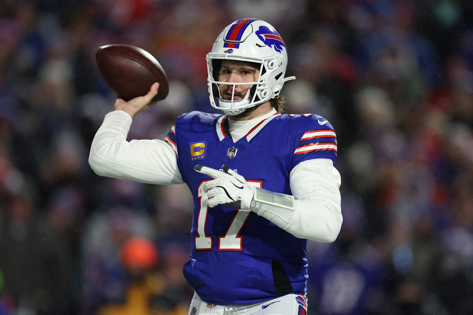 ORCHARD PARK, NEW YORK - JANUARY 19: Josh Allen #17 of the Buffalo Bills throws a pass against the Baltimore Ravens in the third quarter during the AFC Divisional Playoff at Highmark Stadium on January 19, 2025 in Orchard Park, New York.  (Photo by Al Bello/Getty Images)