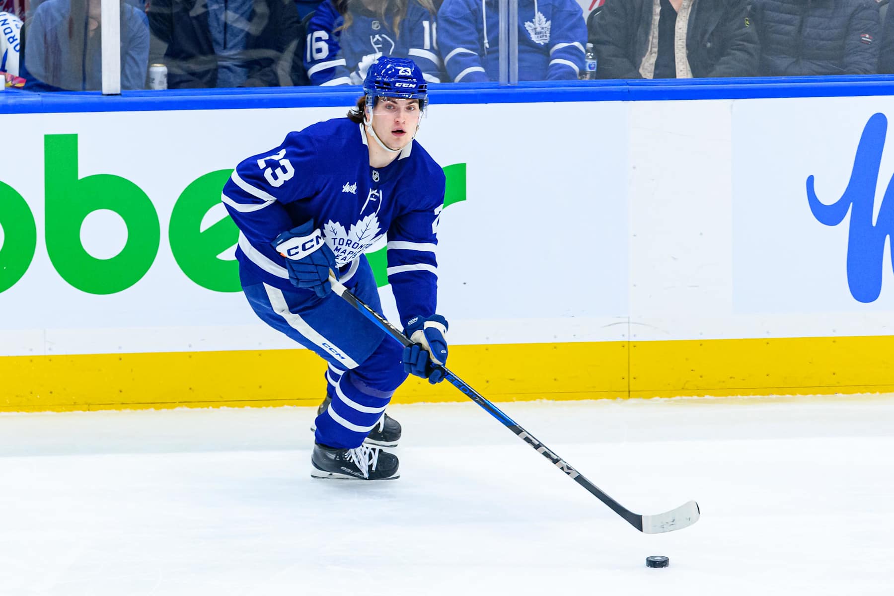 TORONTO, ON - JANUARY 14: Toronto Maple Leafs Left Wing Matthew Knies (23) skates with the puck during the NHL regular season game between the Dallas Stars and the Toronto Maple Leafs on January 14, 2025, at Scotiabank Arena in Toronto, ON, Canada. (Photo by Julian Avram/Icon Sportswire via Getty Images)