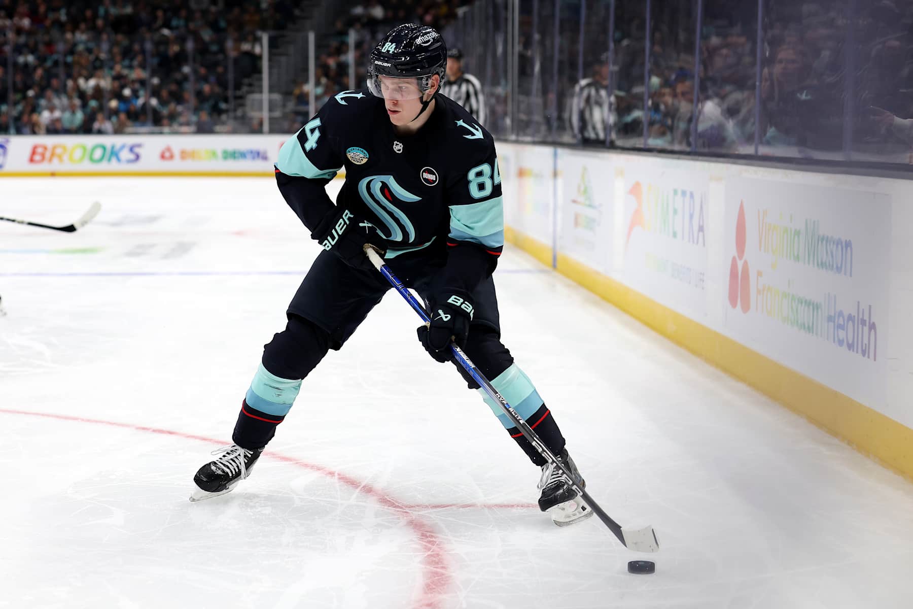 SEATTLE, WASHINGTON - JANUARY 06: Kaapo Kakko #84 of the Seattle Kraken skates against the New Jersey Devils during the second period at Climate Pledge Arena on January 06, 2025 in Seattle, Washington. (Photo by Steph Chambers/Getty Images)