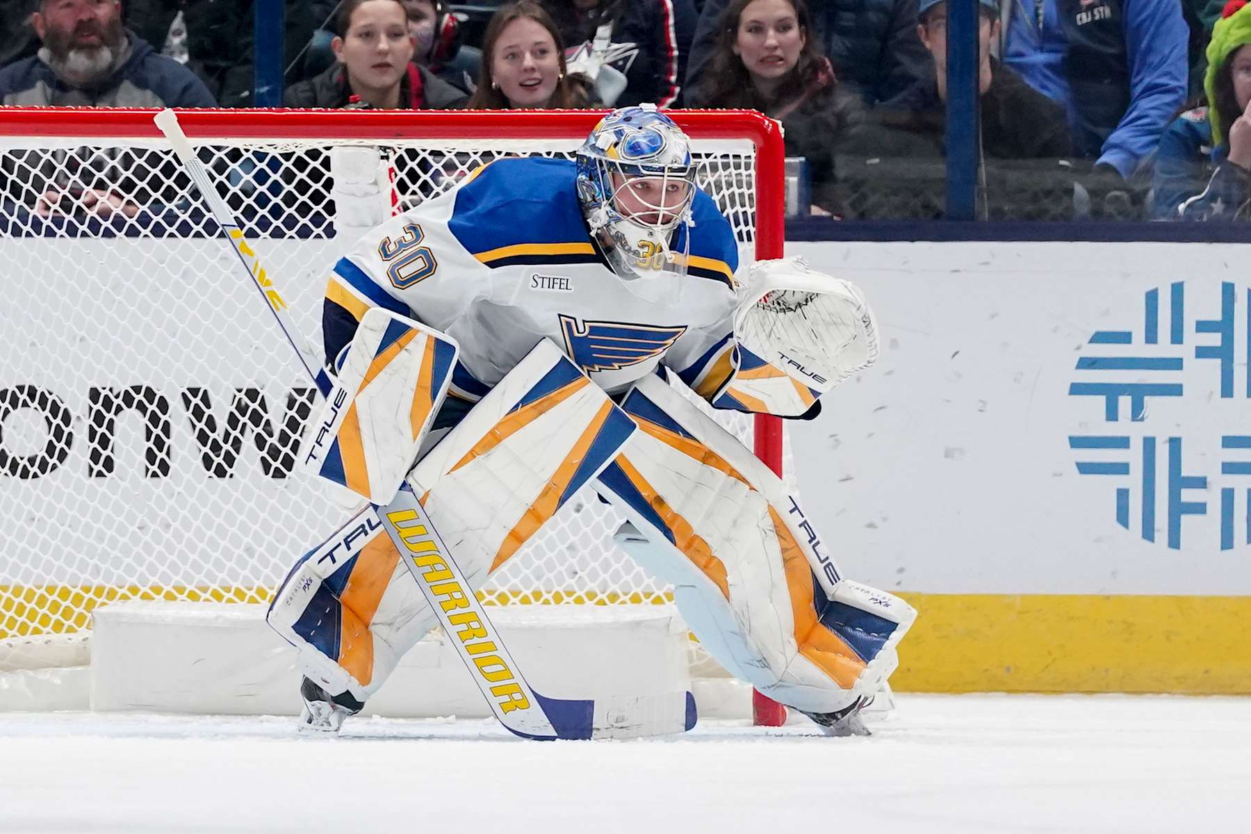 COLUMBUS, OHIO - JANUARY 04: Joel Hofer #30 of the St. Louis Blues seen in action during the game against the Columbus Blue Jackets at Nationwide Arena on January 04, 2025 in Columbus, Ohio. (Photo by Jason Mowry/Getty Images)