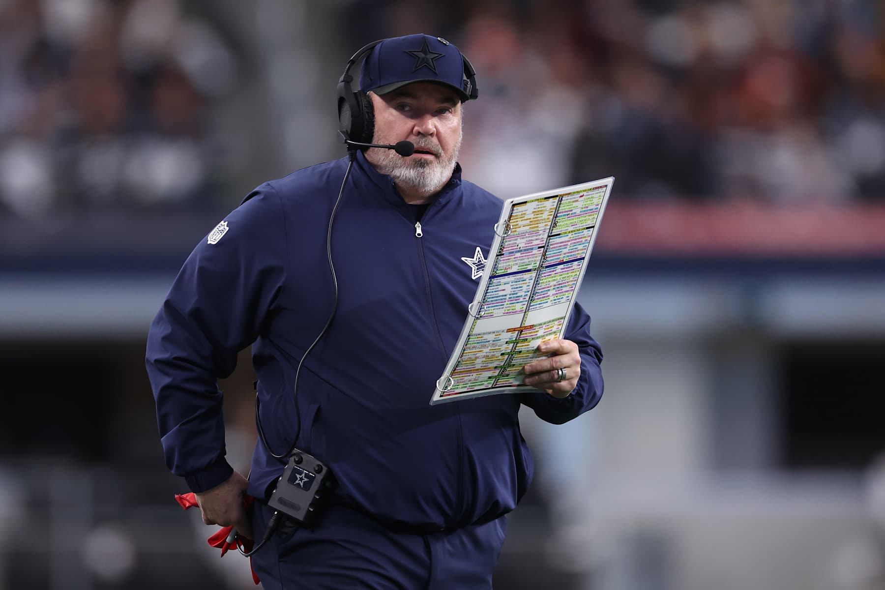 ARLINGTON, TEXAS - JANUARY 05: Dallas Cowboys head coach Mike McCarthy looks on during the fourth quarter against the Washington Commanders at AT&T Stadium on January 05, 2025 in Arlington, Texas. (Photo by Sam Hodde/Getty Images)