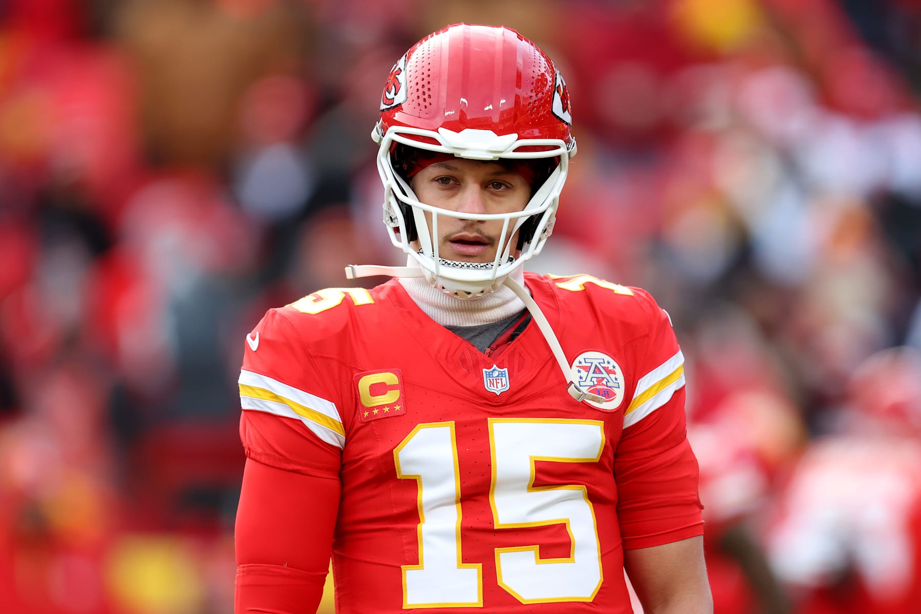 KANSAS CITY, MISSOURI - JANUARY 18: Patrick Mahomes #15 of the Kansas City Chiefs warms up prior to the AFC Divisional Playoff against the Houston Texans at GEHA Field at Arrowhead Stadium on January 18, 2025 in Kansas City, Missouri. (Photo by Jamie Squire/Getty Images)