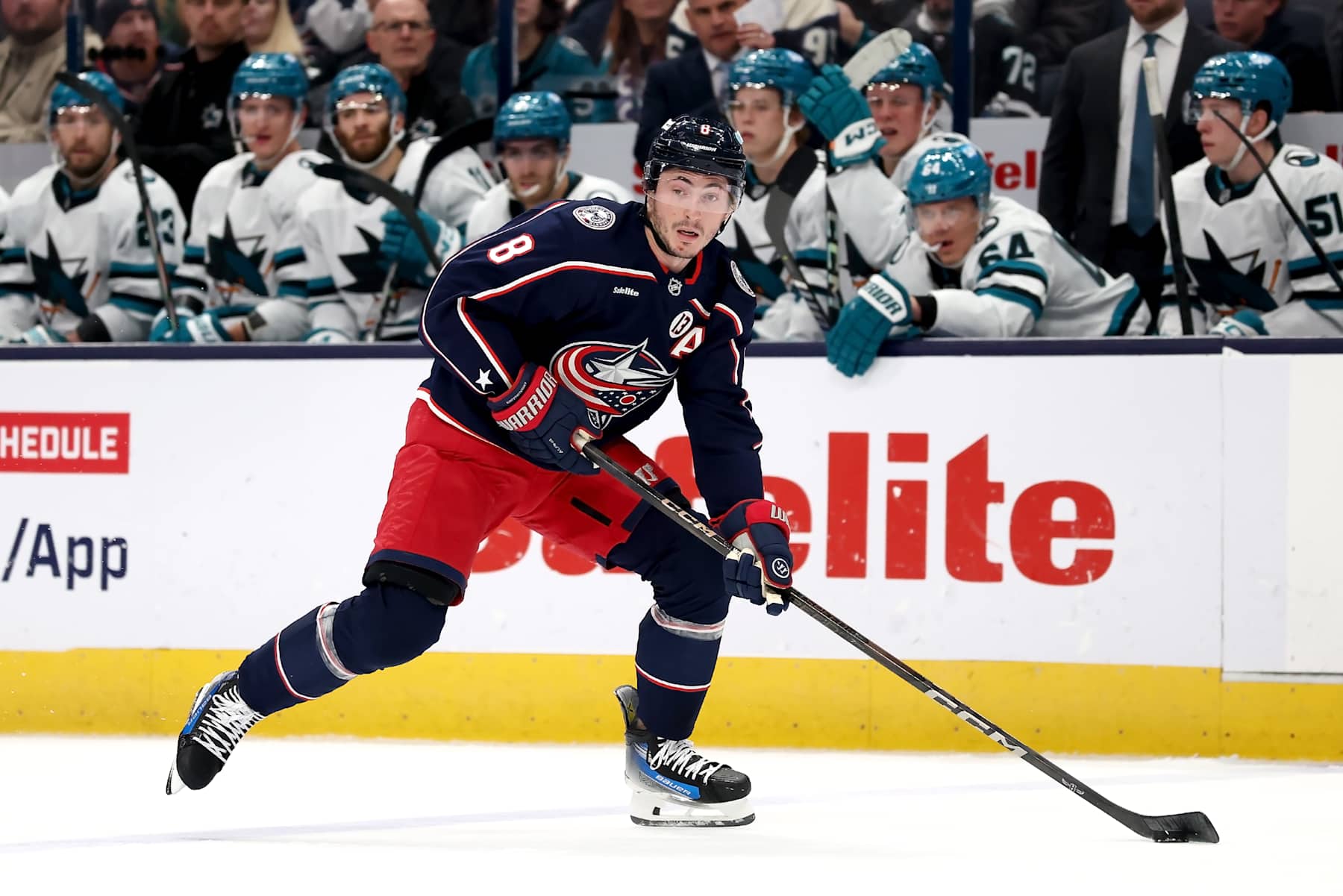 COLUMBUS, OHIO - JANUARY 16: Zach Werenski #8 of the Columbus Blue Jackets controls the puck during the game against the San Jose Sharks at Nationwide Arena on January 16, 2025 in Columbus, Ohio. (Photo by Kirk Irwin/NHLI via Getty Images)