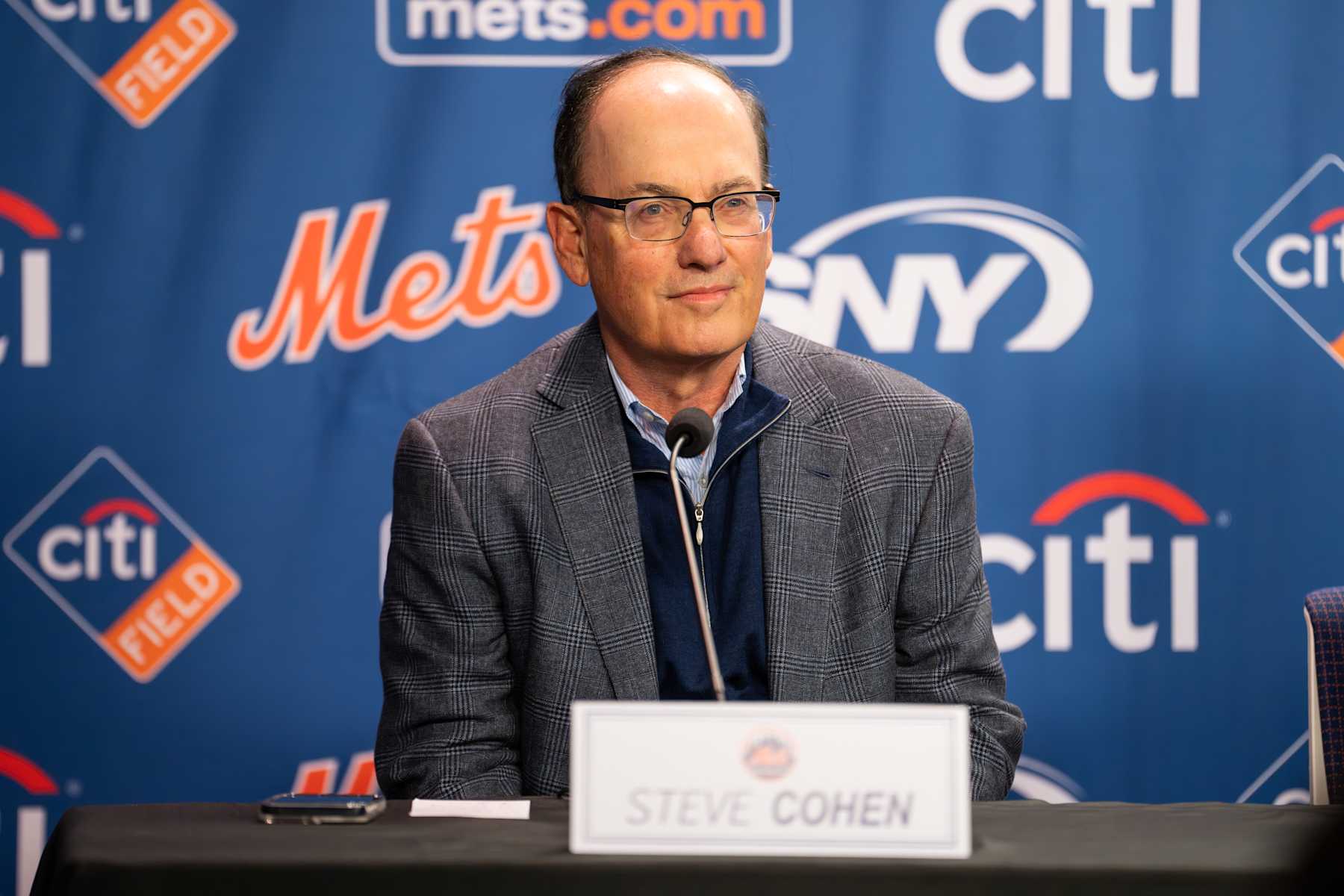 NEW YORK, NY - DECEMBER 12: New York Mets owner Steve Cohen speaks to the media during the Juan Soto introductory press conference at Citi Field on Thursday, December 12, 2024 in New York, New York. (Photo by Mary DeCicco/MLB Photos via Getty Images)