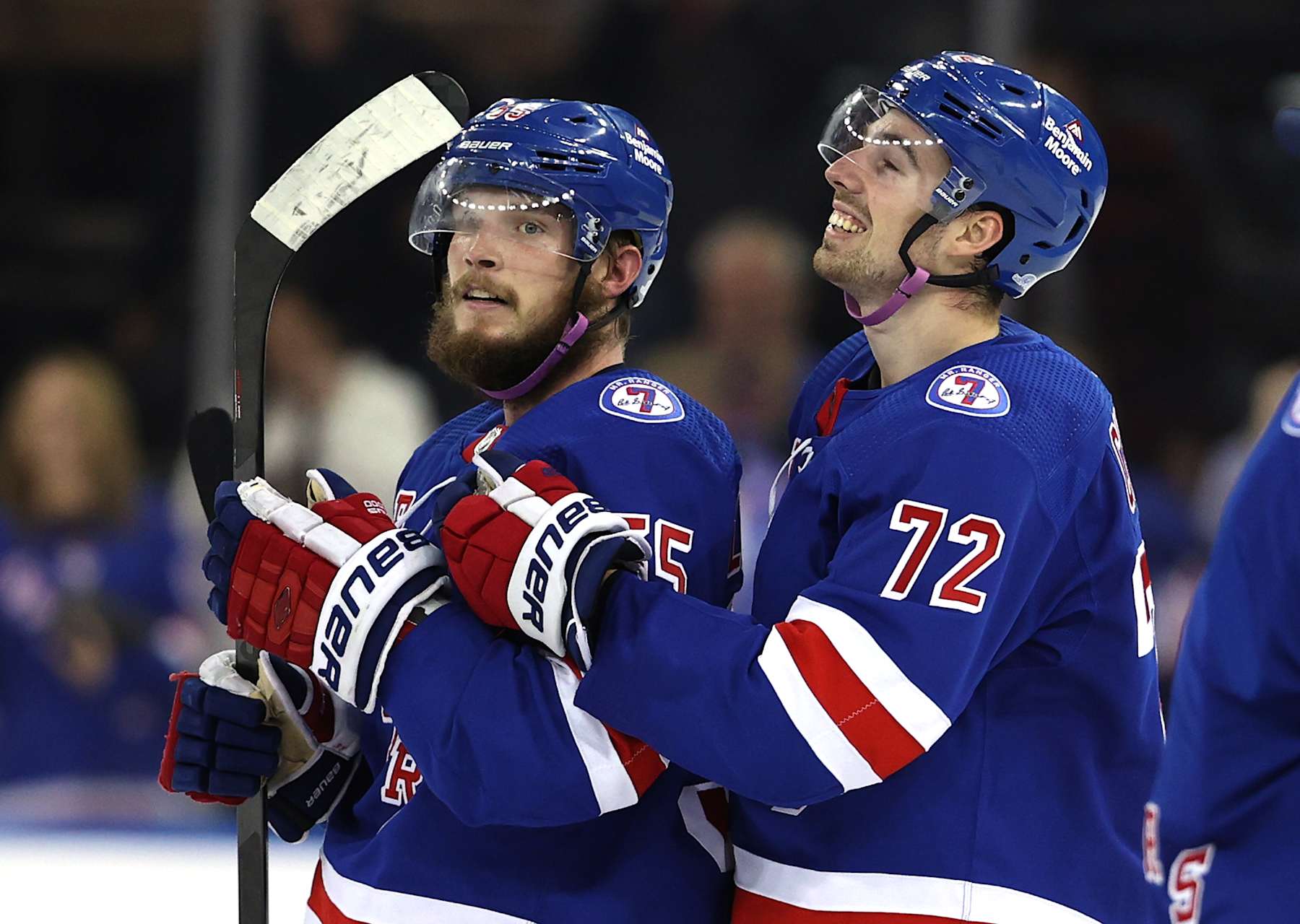 NEW YORK, NEW YORK - NOVEMBER 21: Ryan Lindgren #55 of the New York Rangers is congratulated by teammate Filip Chytil after the win over the Buffalo Sabres at Madison Square Garden on November 21, 2021 in New York City. The New York Rangers defeated the Buffalo Sabres 5-4. Ryan Lindgren scored the game winning goal in the final second of the game. (Photo by Elsa/Getty Images)