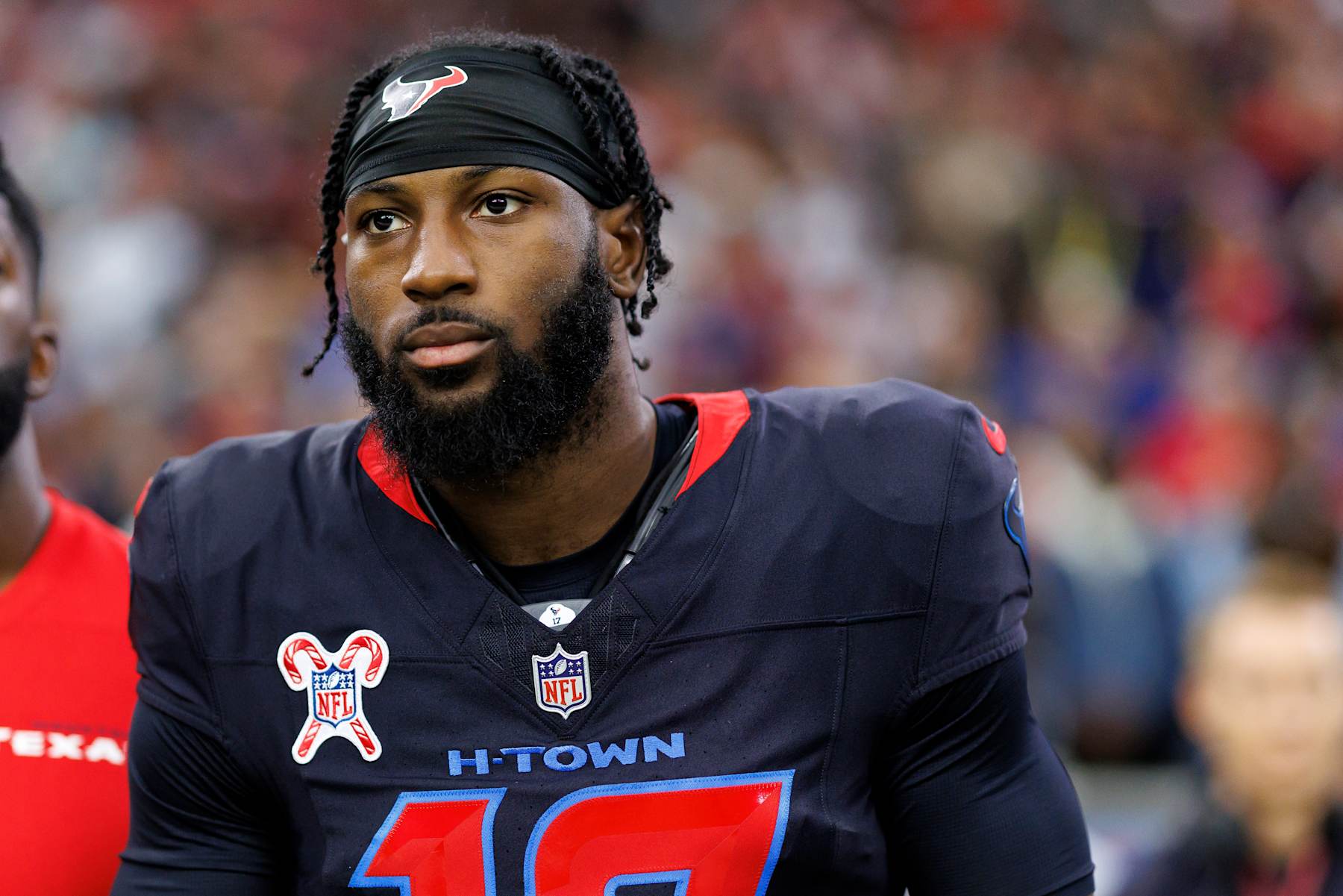 HOUSTON, TEXAS - DECEMBER 25: Cornerback Kris Boyd #17 of the Houston Texans stands on the sidelines during the national anthem prior to an NFL football game against the Baltimore Ravens, at NRG Stadium on December 25, 2024 in Houston, Texas. (Photo by Brooke Sutton/Getty Images)