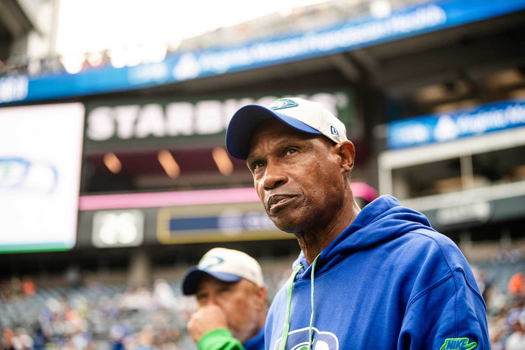 SEATTLE, WASHINGTON - SEPTEMBER 08: Assistant Head Coach Leslie Frazier prior to the game against the Denver Broncos at Lumen Field on September 08, 2024 in Seattle, Washington. (Photo by Jane Gershovich/Getty Images)