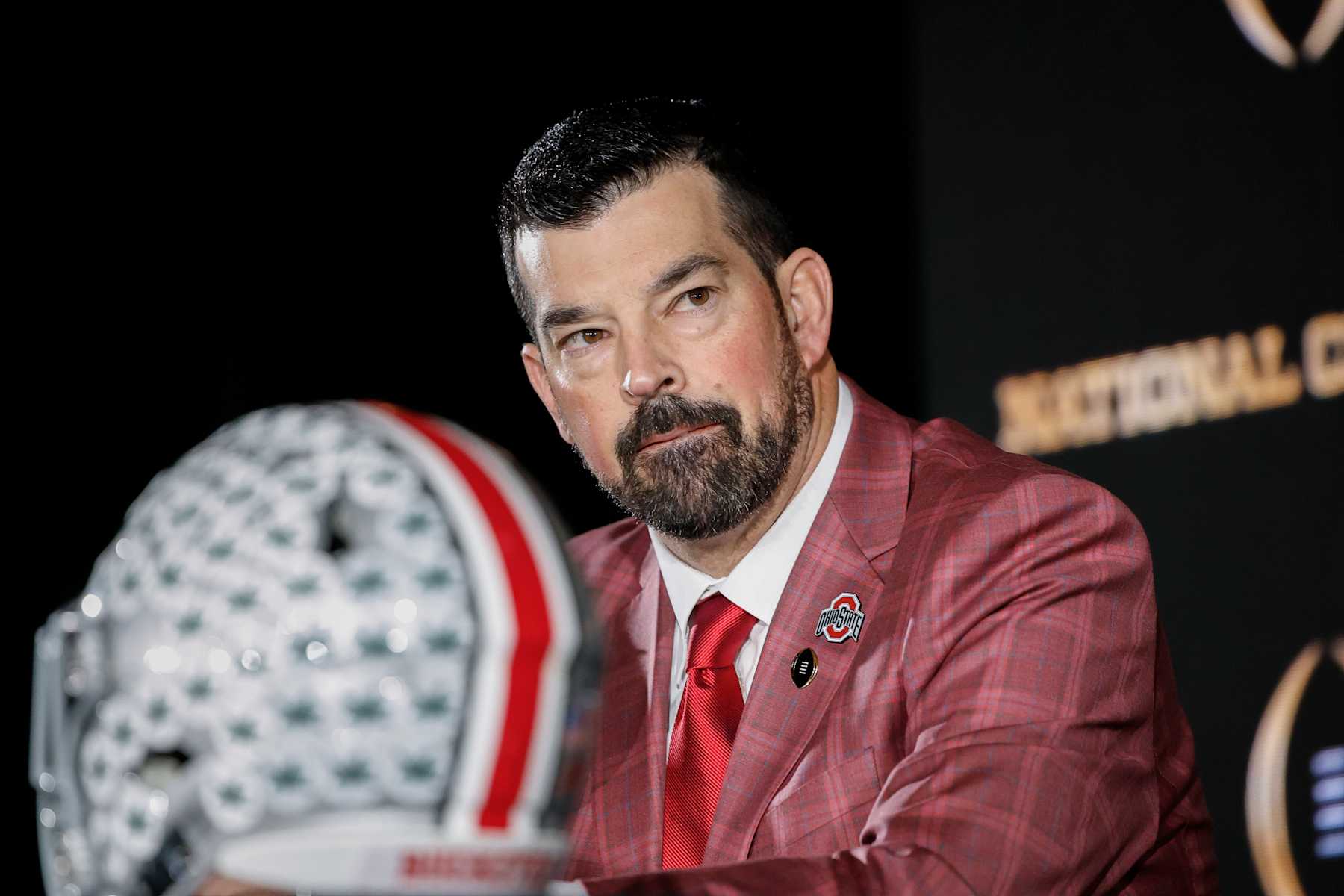 ATLANTA, GA - JANUARY 19: Head Coach Ryan Day of the The Ohio State Buckeyes talks with the media during the CFP National Championship Head Coaches News Conference at the Westin Peachtree Plaza Hotel on January 19, 2025 in Atlanta, Georgia. (Photo by Don Juan Moore/Getty Images)