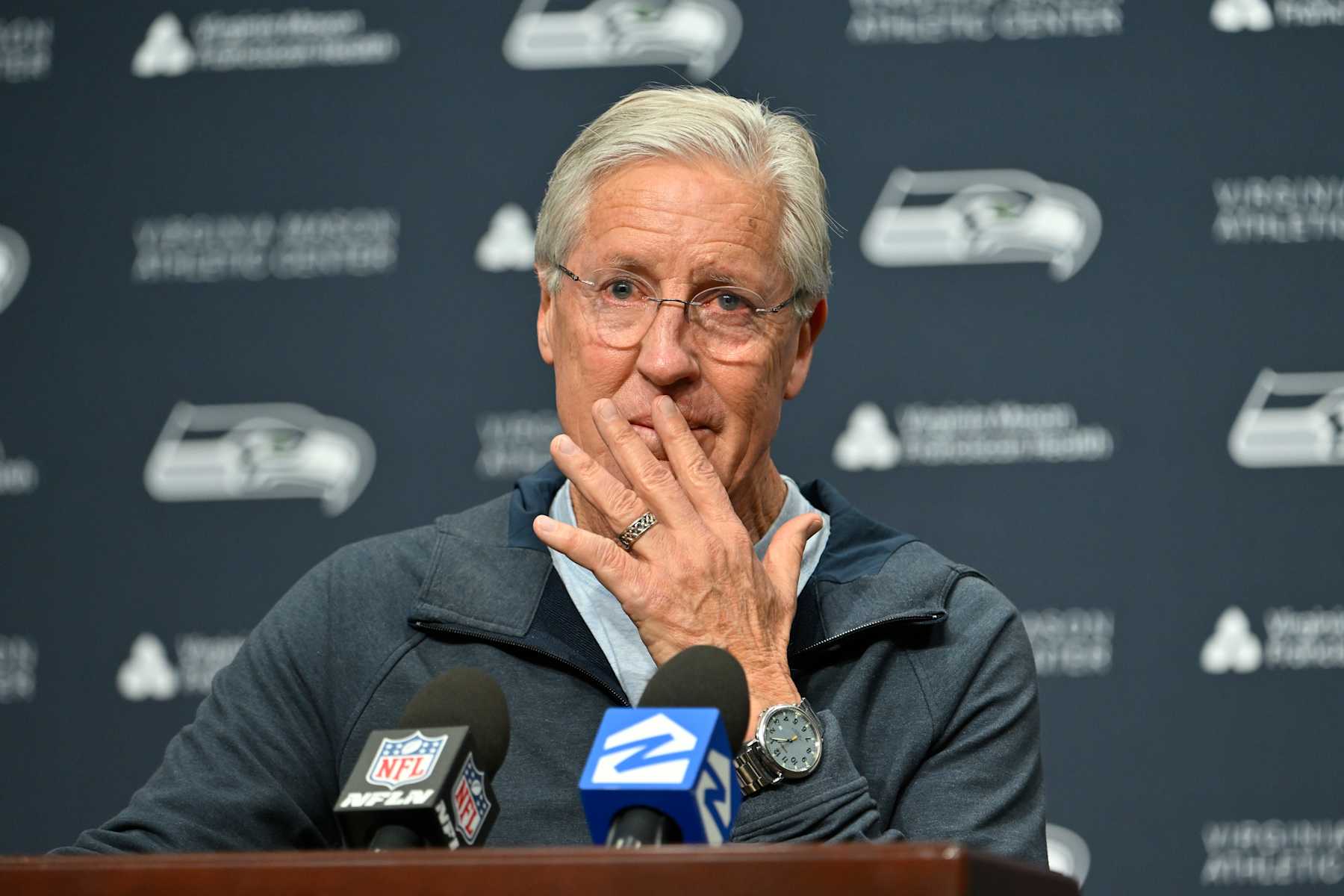 RENTON, WASHINGTON - JANUARY 10: Former Seattle Seahawks head coach Pete Carroll speaks at the Seattle Seahawks press conference at Virginia Mason Athletic Center on January 10, 2024 in Renton, Washington. (Photo by Alika Jenner/Getty Images)