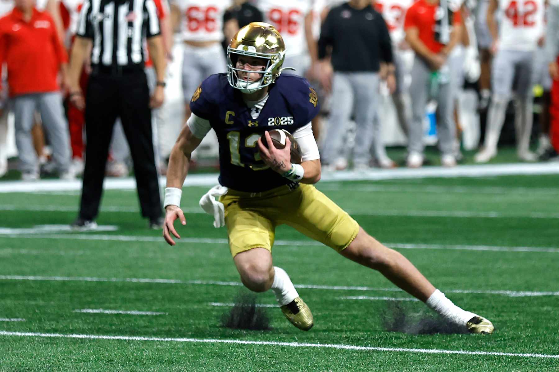 ATLANTA, GA - JANUARY 20: Quarterback Riley Leonard #13 of the Notre Dame Fighting Irish during the Ohio State Buckeyes versus Notre Dame Fighting Irish College Football Playoff National Championship game on January 20, 2025, at Mercedes-Benz Stadium in Atlanta, Georgia.   (Photo by David J. Griffin/Icon Sportswire via Getty Images)