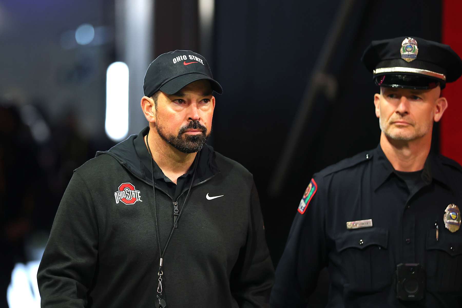ATLANTA, GEORGIA - JANUARY 20: Head coach Ryan Day of the Ohio State Buckeyes looks on prior to the 2025 CFP National Championship against the Notre Dame Fighting Irish at the Mercedes-Benz Stadium on January 20, 2025 in Atlanta, Georgia. (Photo by Kevin C. Cox/Getty Images)