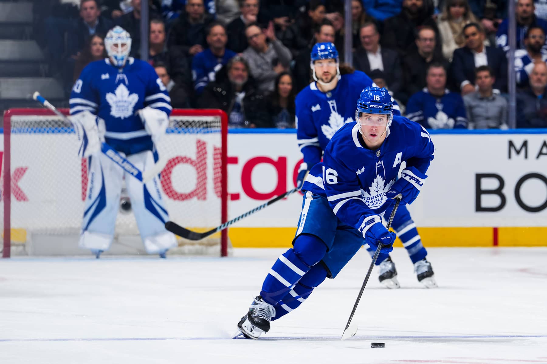 TORONTO, ON - JANUARY 20: Mitch Marner #16 of the Toronto Maple Leafs skates with he puck during the first period against the Tampa Bay Lightning at the Scotiabank Arena on January 20, 2025 in Toronto, Ontario, Canada. (Photo by Mark Blinch/NHLI via Getty Images)