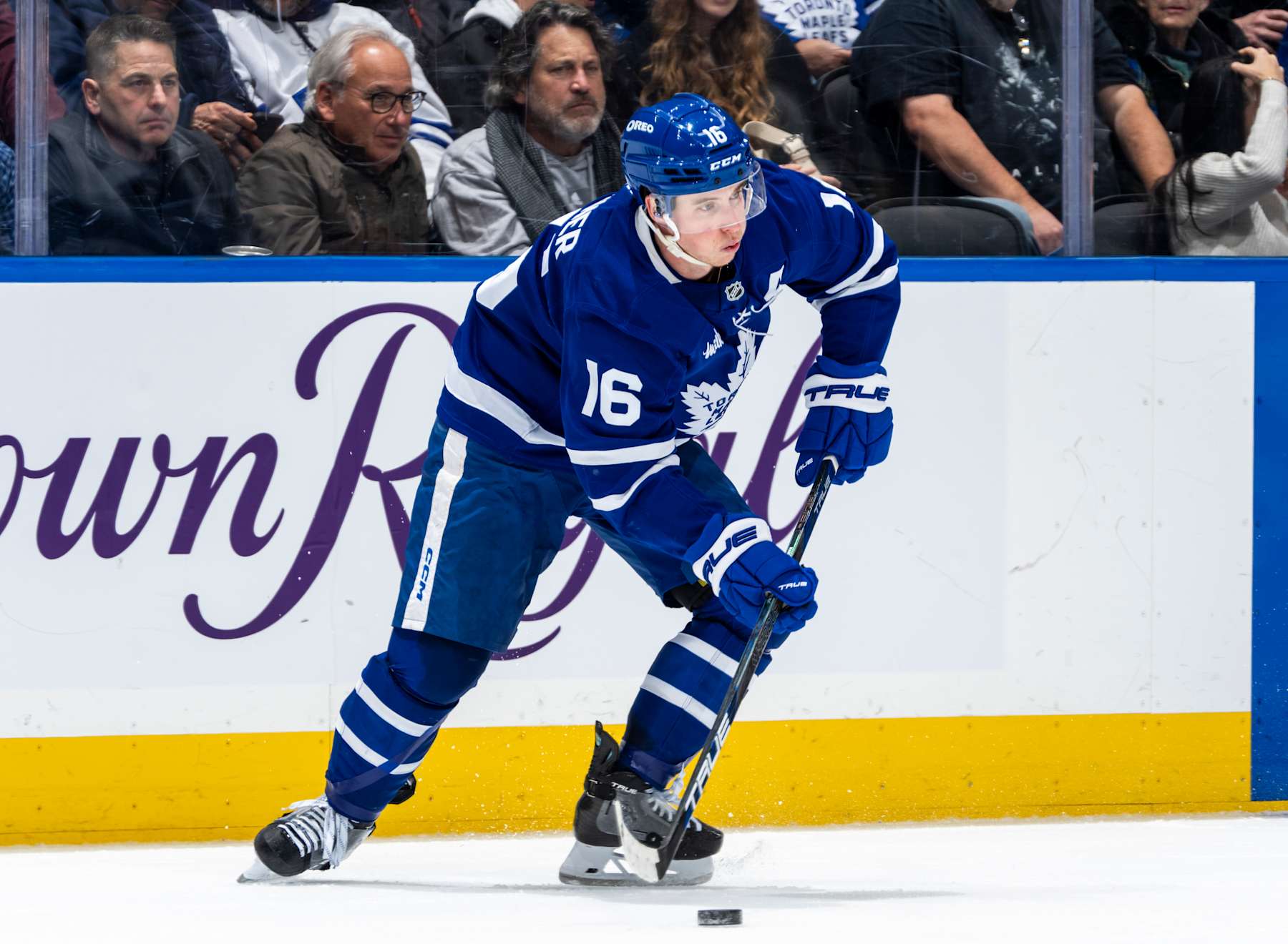 TORONTO, ON - JANUARY 16: Mitch Marner #16 of the Toronto Maple Leafs skates with the puck against the New Jersey Devils at the Scotiabank Arena on January 16, 2025 in Toronto, Ontario, Canada. (Photo by Kevin Sousa/NHLI via Getty Images)