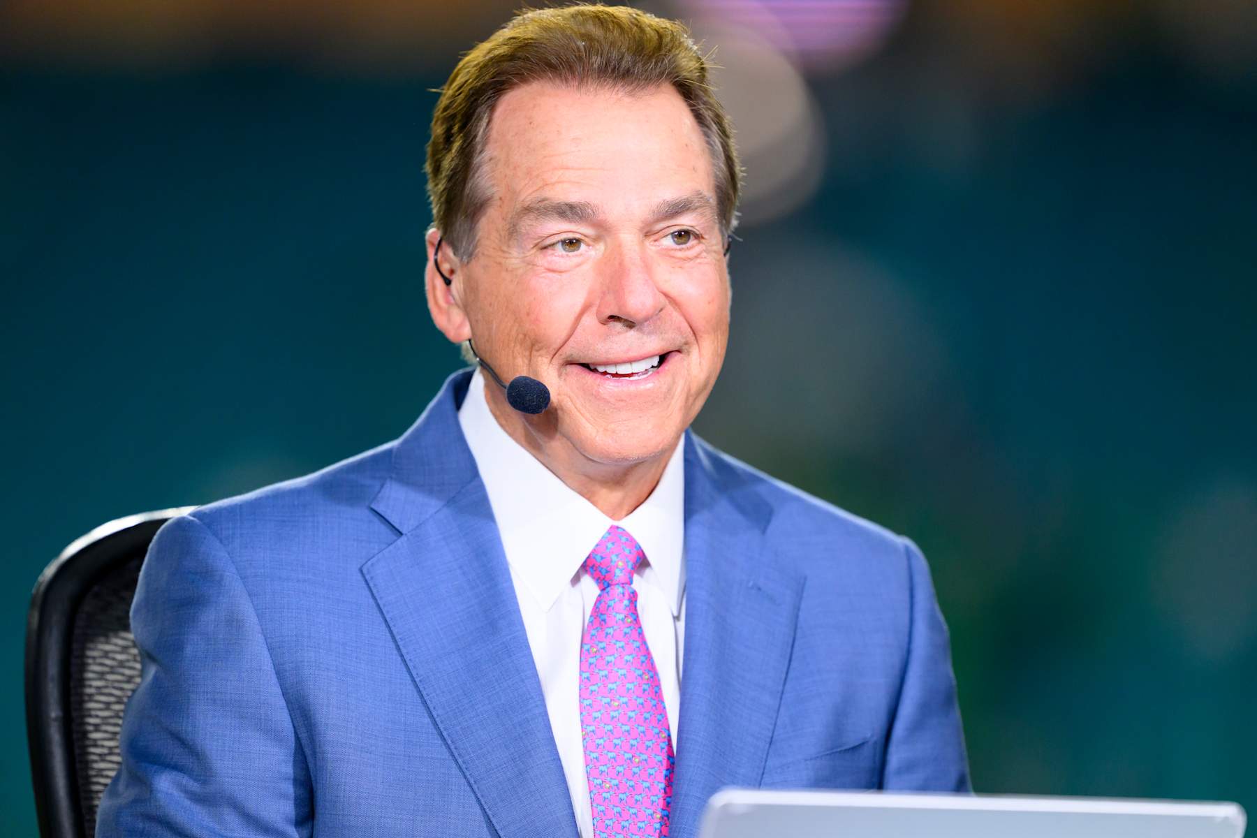 MIAMI GARDENS, FL - JANUARY 09: ESPN college football analyst Nick Saban smiles on the ESPN College Gameday set before the Penn State Nittany Lions versus Notre Dame Fighting Irish College Football Playoff Semifinal at the Capital One Orange Bowl on January 9, 2025, at Hard Rock Stadium in Miami Gardens, FL. (Photo by Doug Murray/Icon Sportswire via Getty Images)