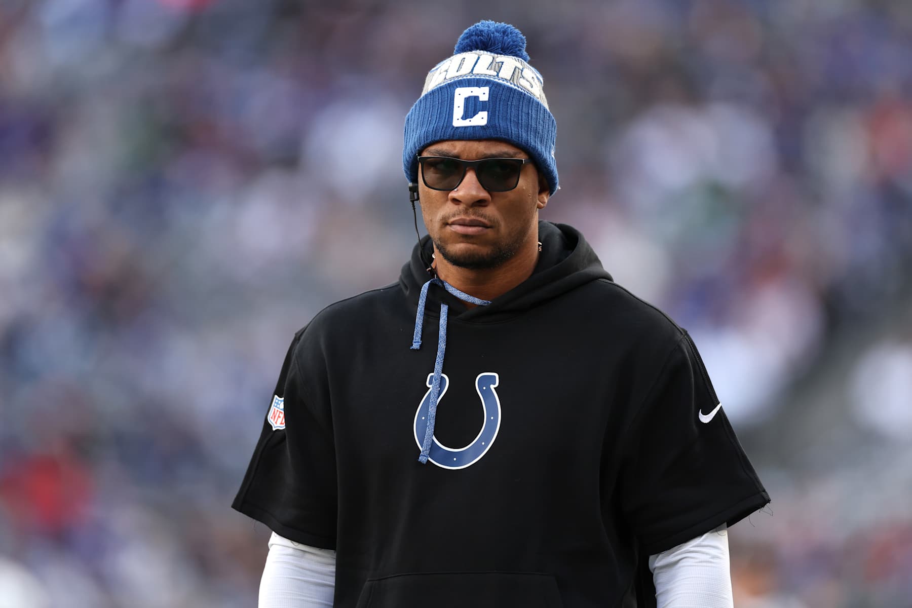 EAST RUTHERFORD, NEW JERSEY - DECEMBER 29: Anthony Richardson #5 of the Indianapolis Colts looks on during the second quarter against the New York Giants at MetLife Stadium on December 29, 2024 in East Rutherford, New Jersey. (Photo by Luke Hales/Getty Images)