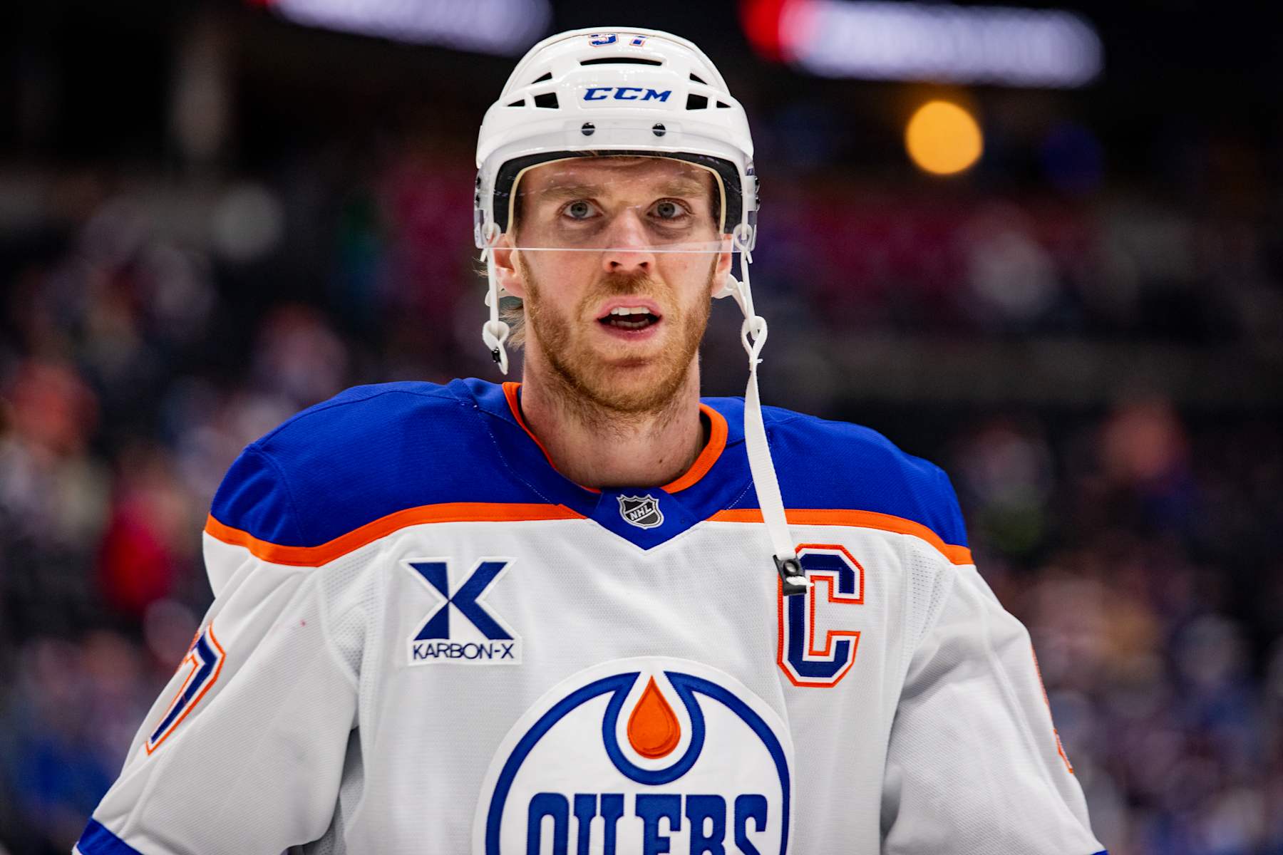 DENVER, COLORADO - JANUARY 16: Connor McDavid #97 of the Edmonton Oilers looks on during warmups ahead of the game against the Colorado Avalanche at Ball Arena on January 16, 2025 in Denver, Colorado. (Photo by Ashley Potts/NHLI via Getty Images)