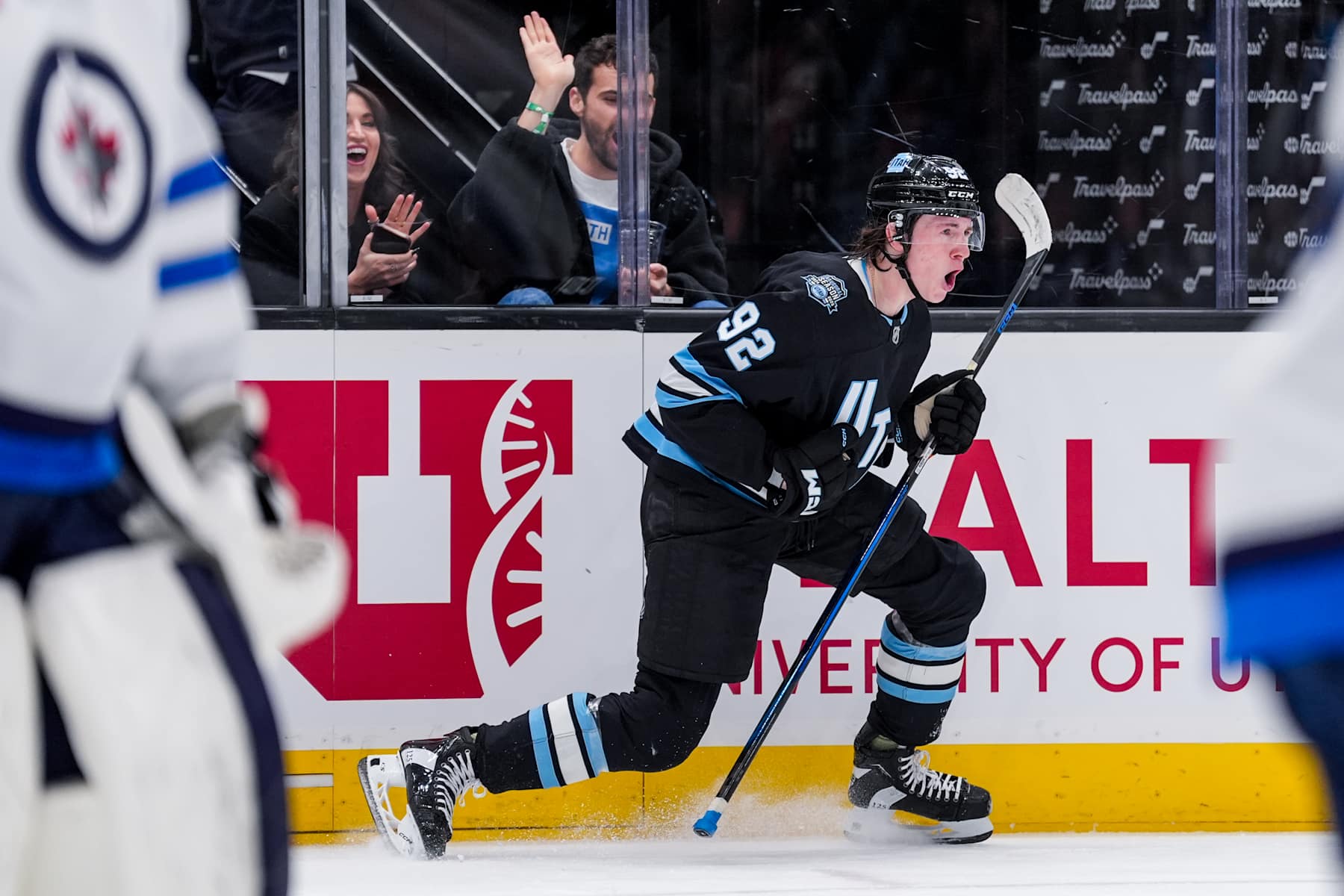 SALT LAKE CITY, UTAH - JANUARY 20: Logan Cooley #92 of the Utah Hockey Club celebrates a goal during the second period against the Winnipeg Jets on January 20, 2025 at Delta Center in Salt Lake City, Utah. (Photo by Hunter Dyke/NHLI via Getty Images)