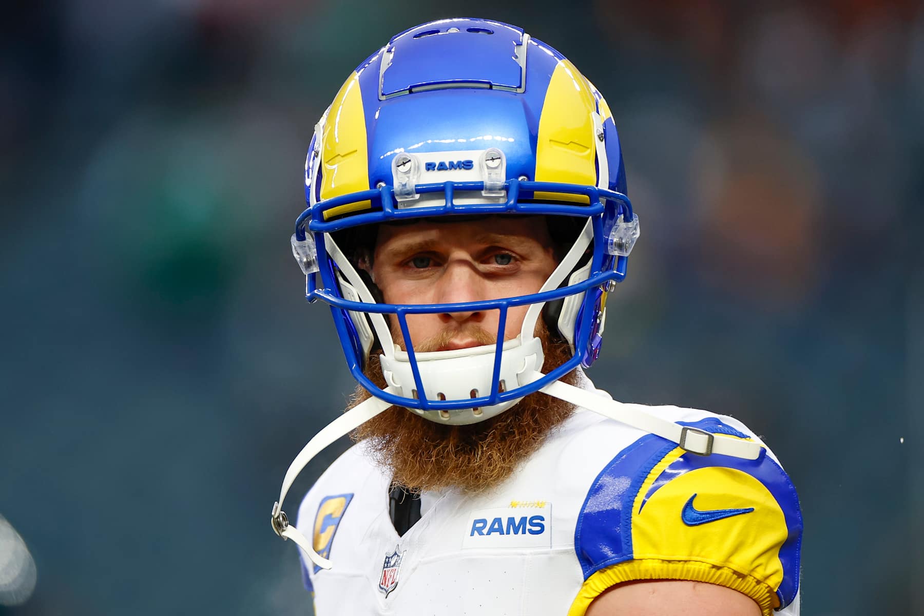 PHILADELPHIA, PENNSYLVANIA - JANUARY 19: Cooper Kupp #10 of the Los Angeles Rams warms up on the field prior to the NFC Divisional Playoff game against the Philadelphia Eagles at Lincoln Financial Field on January 19, 2025 in Philadelphia, Pennsylvania. (Photo by Brandon Sloter/Getty Images)