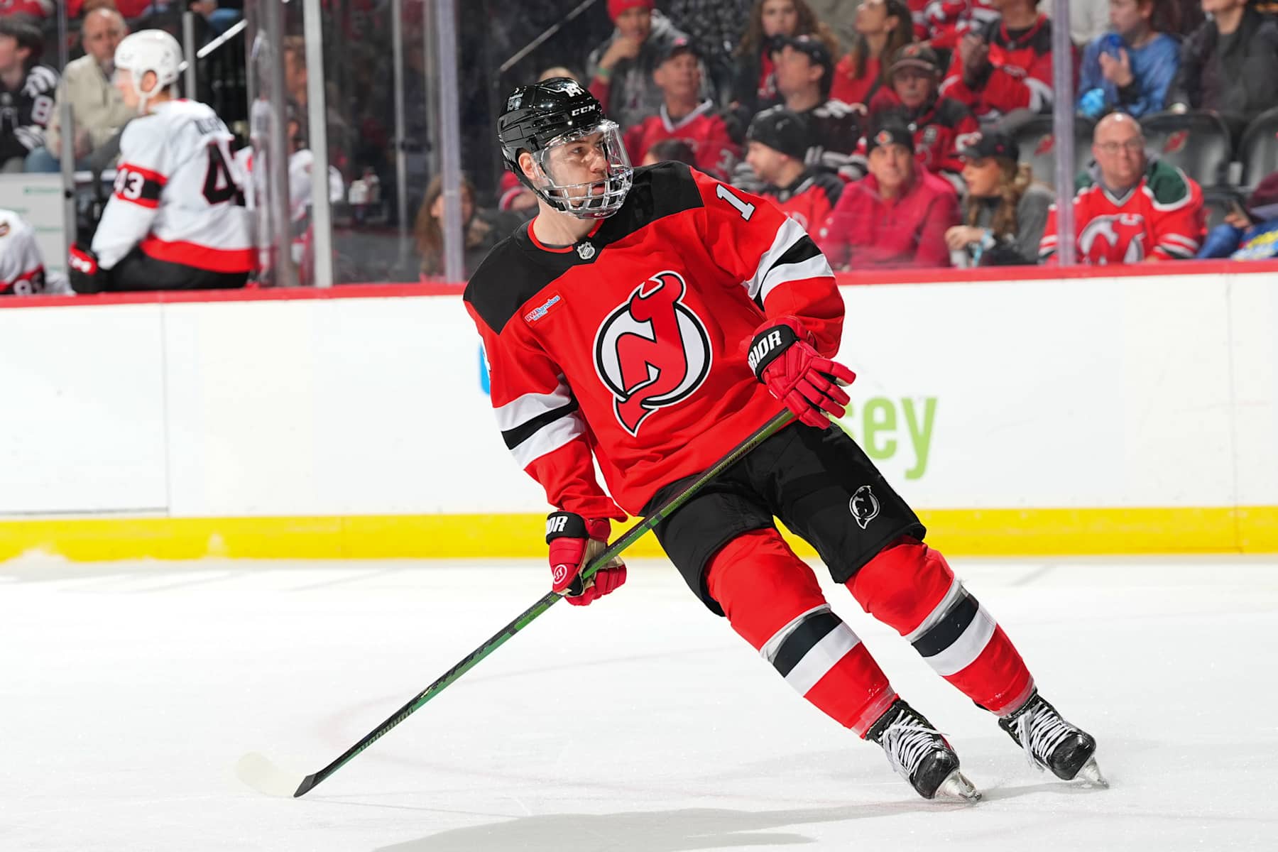NEWARK, NJ - JANUARY 19: Nathan Bastian #14 of the New Jersey Devils skates in the third period of the game against the Ottawa Senators at the Prudential Center on January 19, 2025 in Newark, New Jersey. (Photo by Rich Graessle/NHLI via Getty Images)