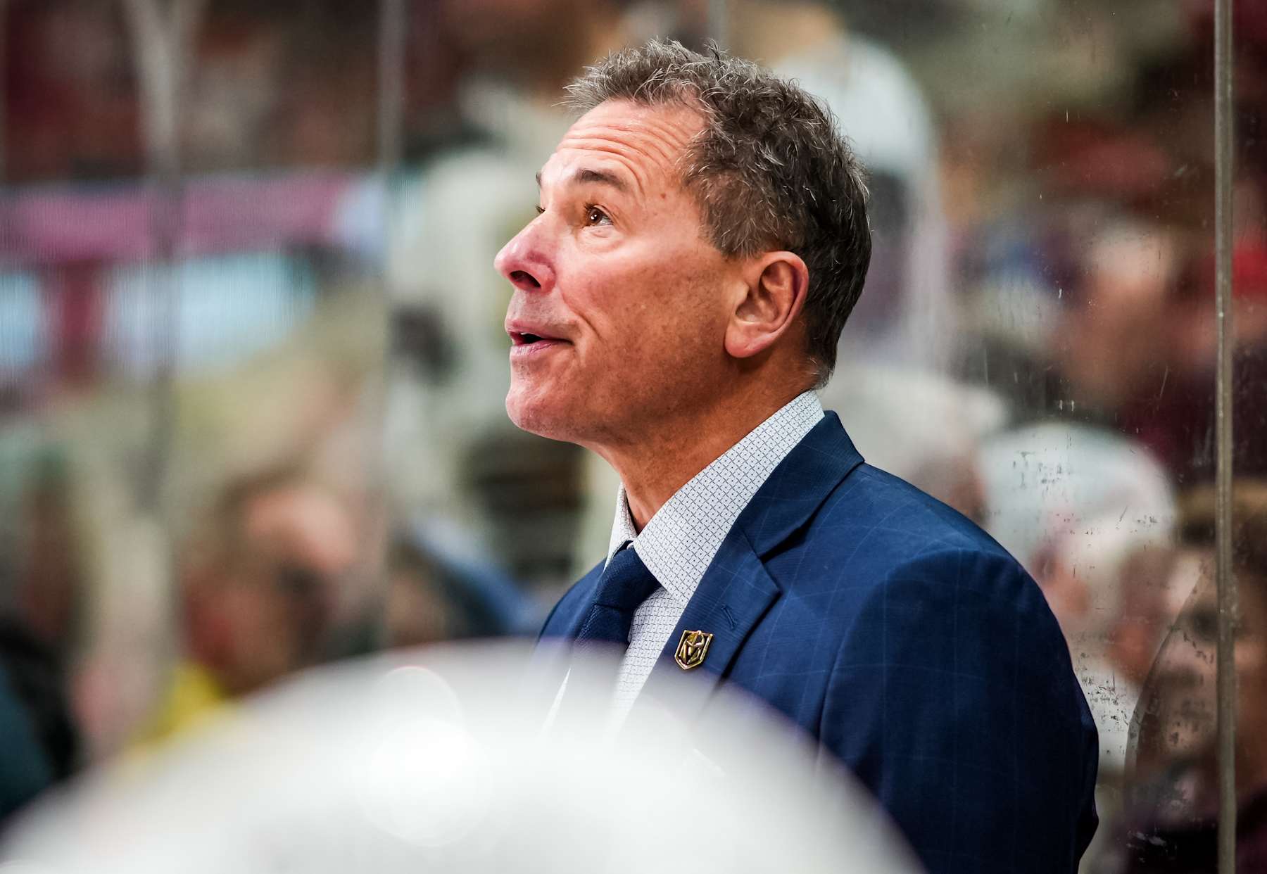 RALEIGH, NORTH CAROLINA - JANUARY 17: Head coach Bruce Cassidy of the Vegas Golden Knights looks on during the second period against the Carolina Hurricanes at Lenovo Center on January 17, 2025 in Raleigh, North Carolina. (Photo by Josh Lavallee/NHLI via Getty Images)