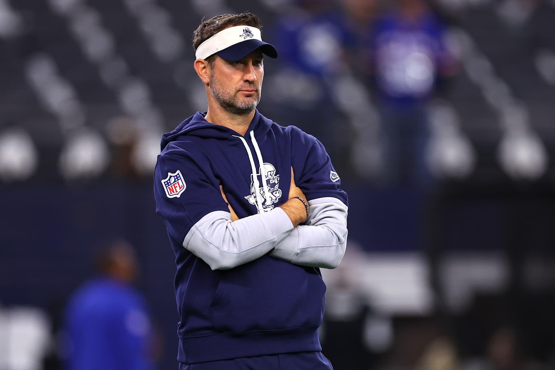 ARLINGTON, TEXAS - NOVEMBER 28: Dallas Cowboys offensive coordinator Brian Schottenheimer looks on prior to the game against the New York Giants at AT&T Stadium on November 28, 2024 in Arlington, Texas. (Photo by Sam Hodde/Getty Images)