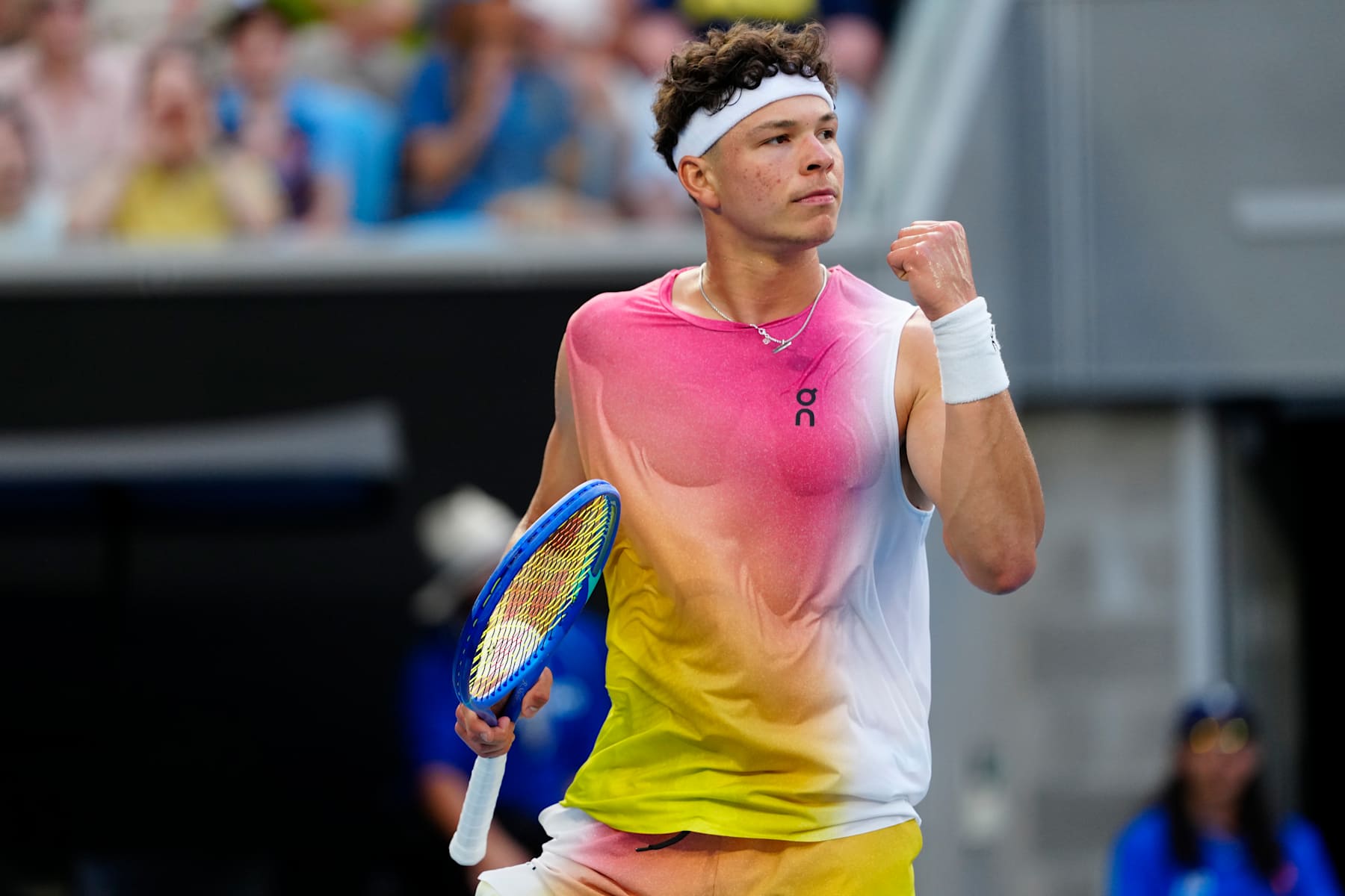 MELBOURNE, AUSTRALIA - JANUARY 20: Ben Shelton of the United States reacts during his match against Gael Monfils of France in the Men's Singles Fourth Round match during day nine of the 2025 Australian Open at Melbourne Park on January 20, 2025 in Melbourne, Australia. (Photo by Fred Lee/Getty Images)