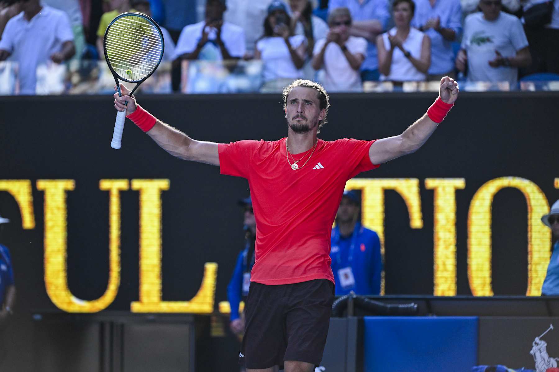 MELBOURNE, AUSTRALIA - JANUARY 21: Alexander Zverev of Germany reaction after winning his Quarter Finals against Tommy Paul of United States of America (not seen) at the Australian Open grand slam tennis tournament at Melbourne Park in Melbourne, Australia on January 21, 2025 (Photo by Mark Avellino/Anadolu via Getty Images)
