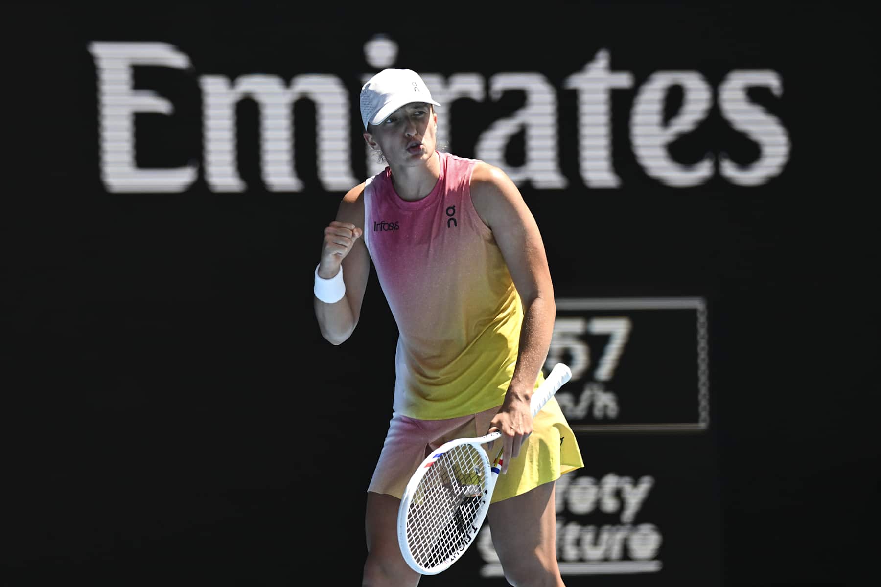 MELBOURNE, AUSTRALIA - JANUARY 22: Iga Swiatek of Poland in action against Emma Navarro of United States of America (not seen) during Quarter Finals at the Australian Open grand slam tennis tournament at Melbourne Park in Melbourne, Australia on January 22, 2025 (Photo by Mark Avellino/Anadolu via Getty Images)
