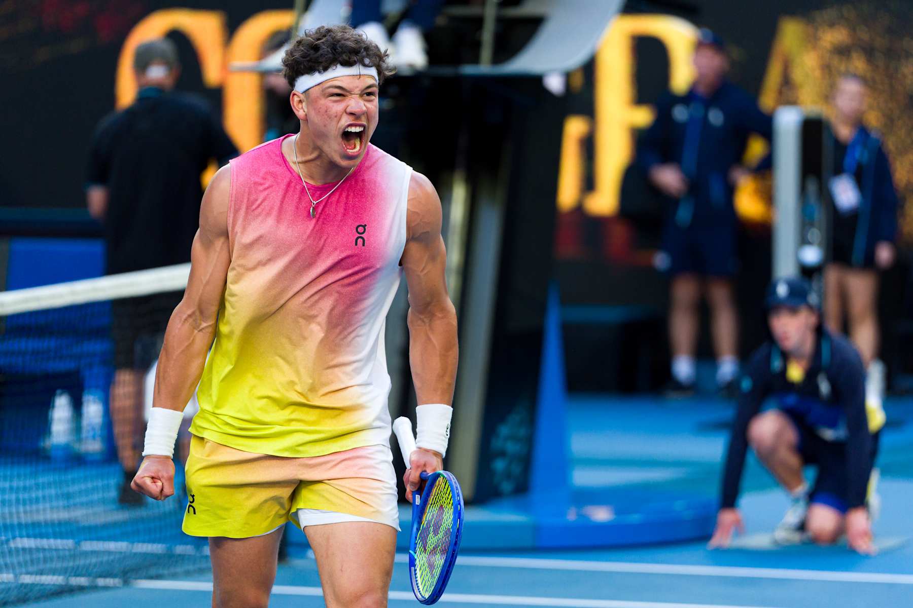 MELBOURNE, AUSTRALIA - JANUARY 22: Ben Shelton of the United States celebrates winning match point against Lorenzo Sonego of Italy in the Men's Singles Quarterfinal match during day 11 of the 2025 Australian Open at Melbourne Park on January 22, 2025 in Melbourne, Australia. (Photo by Andy Cheung/Getty Images)